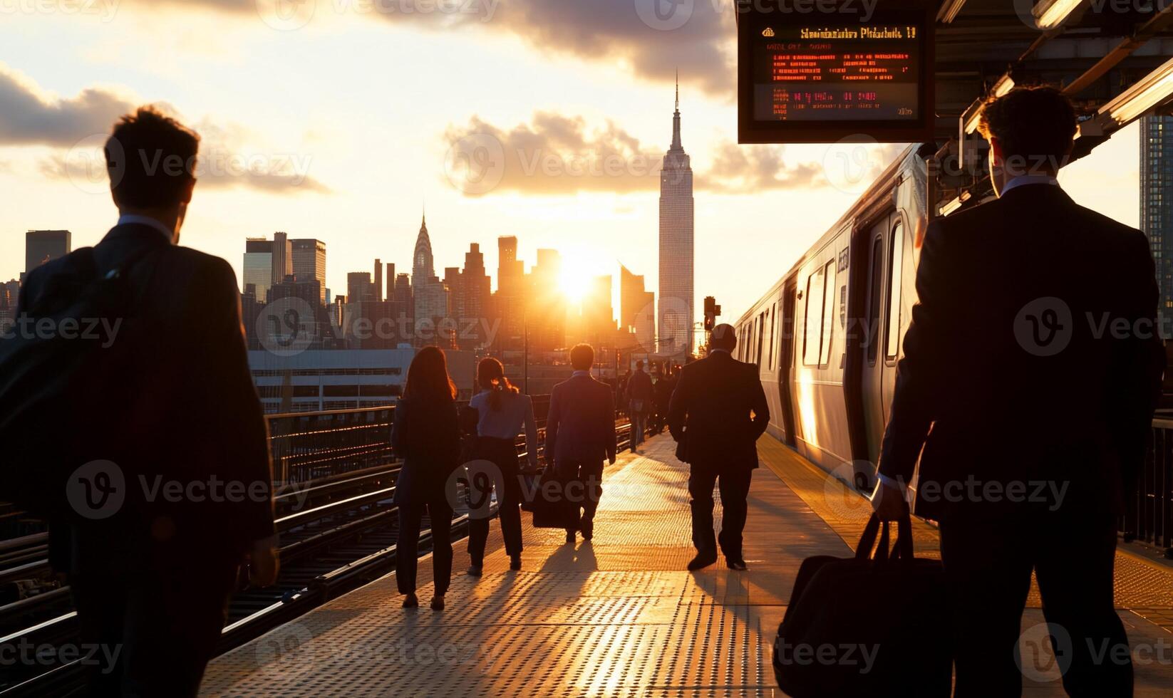 Commuters walking towards a subway station at sunset in a city. photo