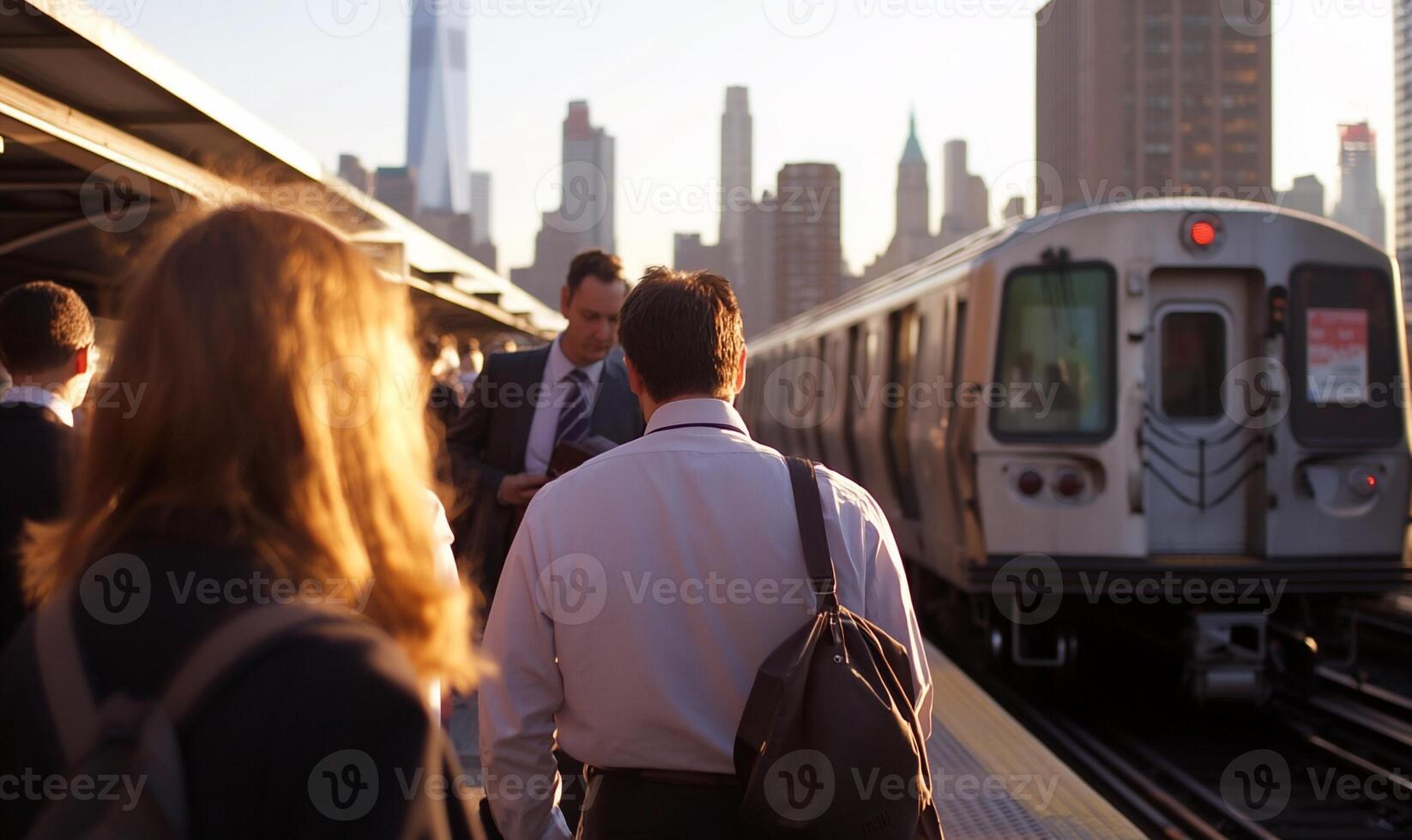Commuters waiting for a subway train in a cityscape at sunset. photo