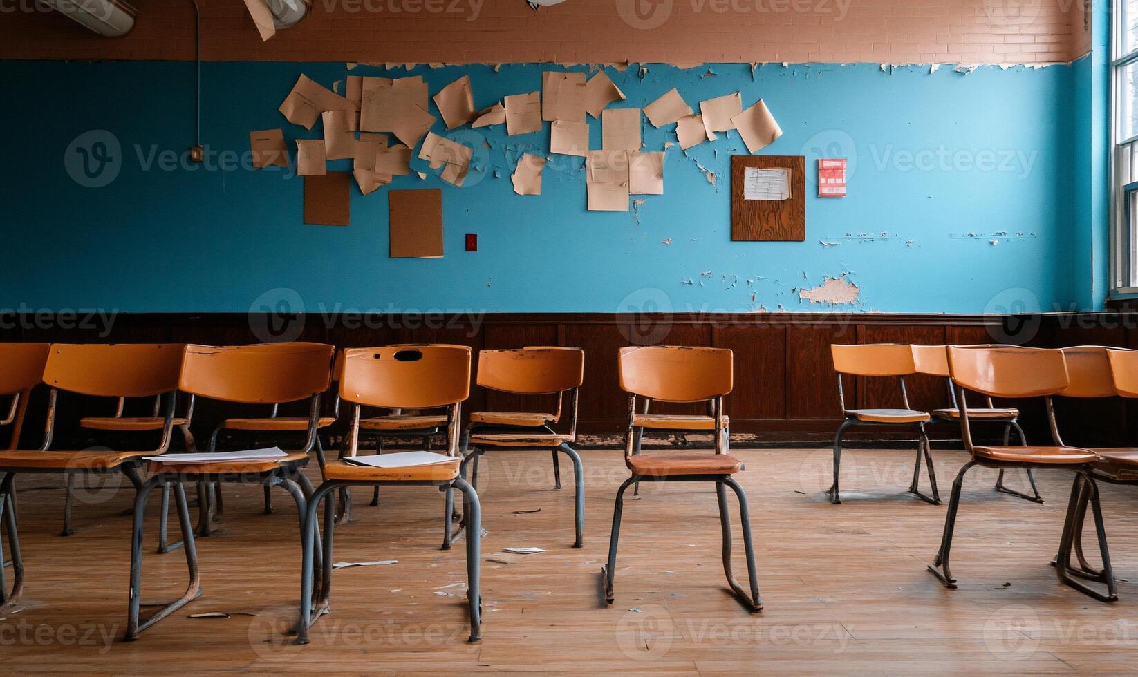 Empty classroom with scattered papers and worn furniture. photo