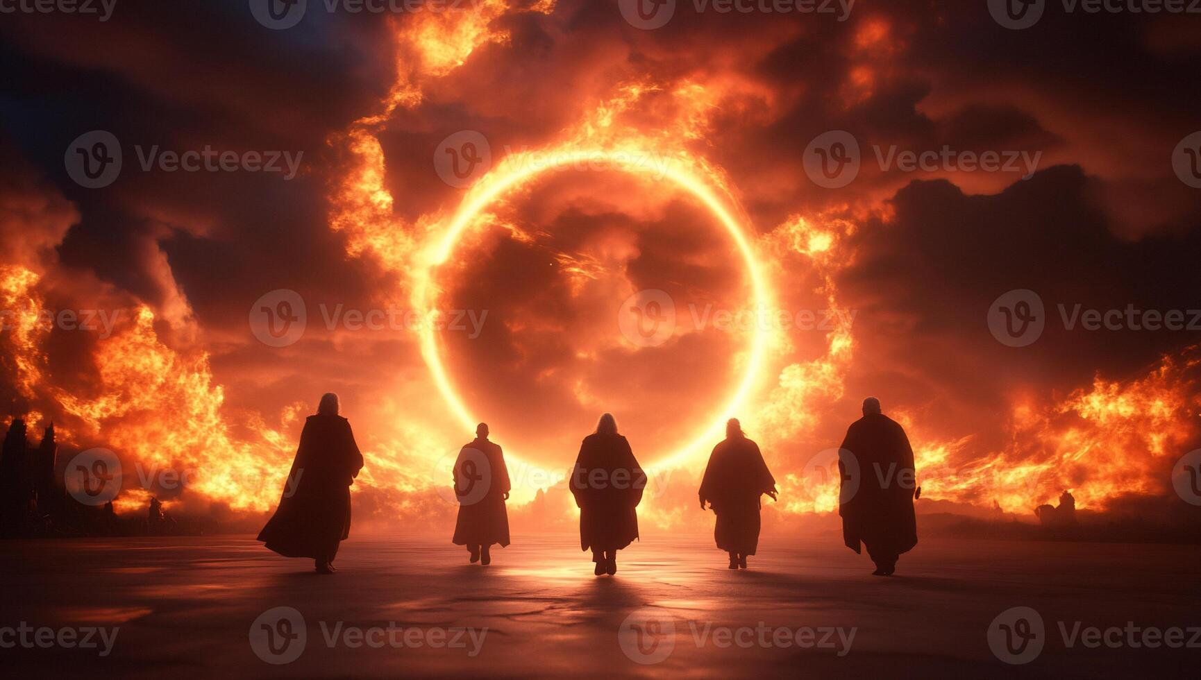 Figures in cloaks silhouetted against a fiery circular backdrop. photo