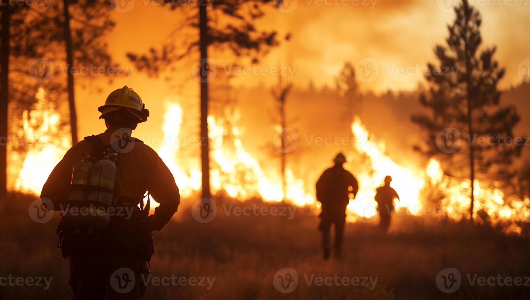 Firefighters battling a wildfire in a forested area. photo