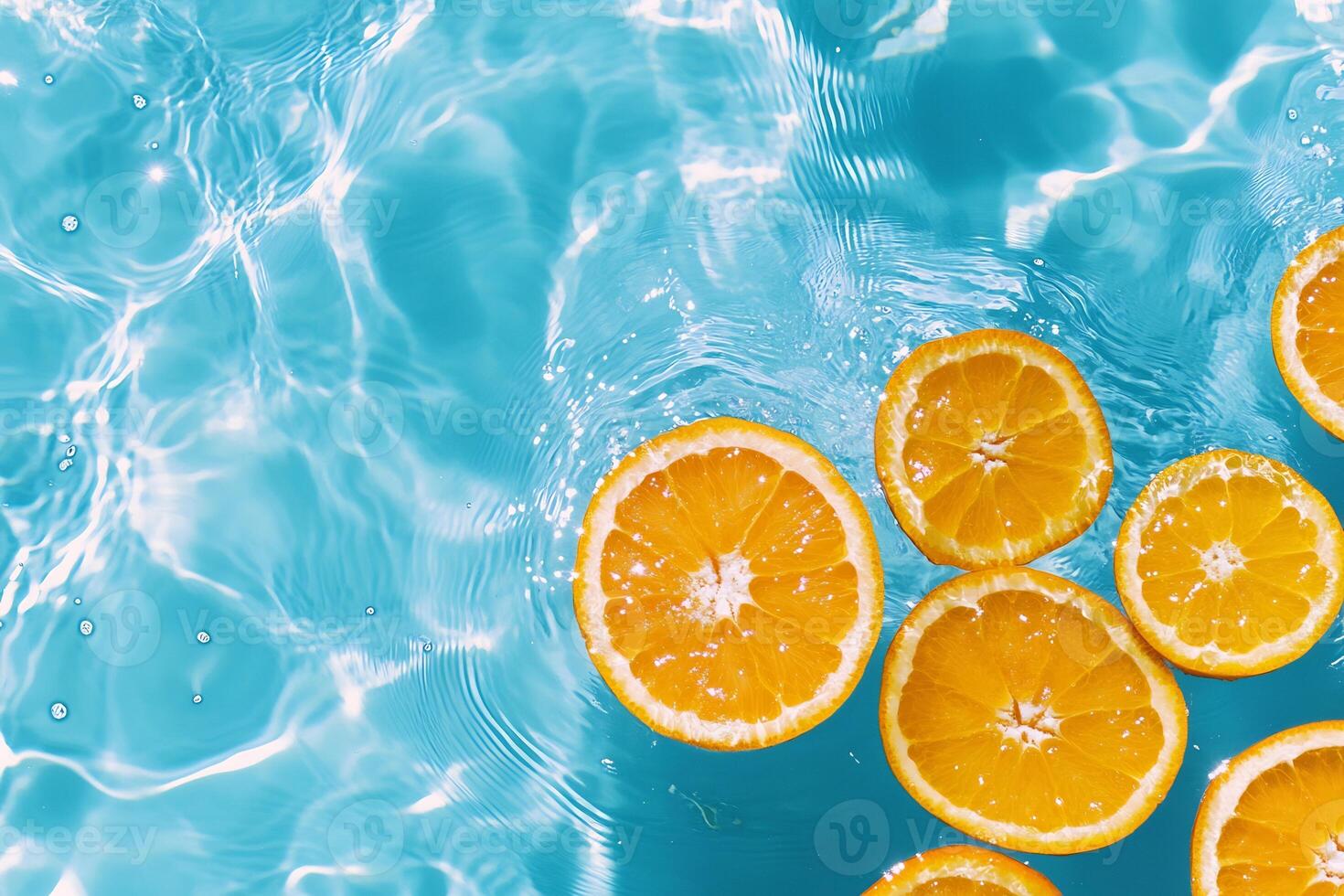 A group of oranges floating in a pool of water photo