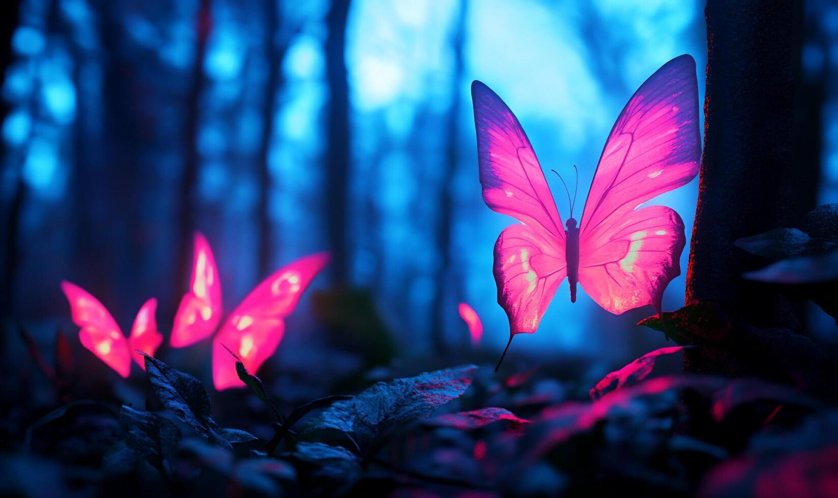 Pink butterflies in the forest at night photo