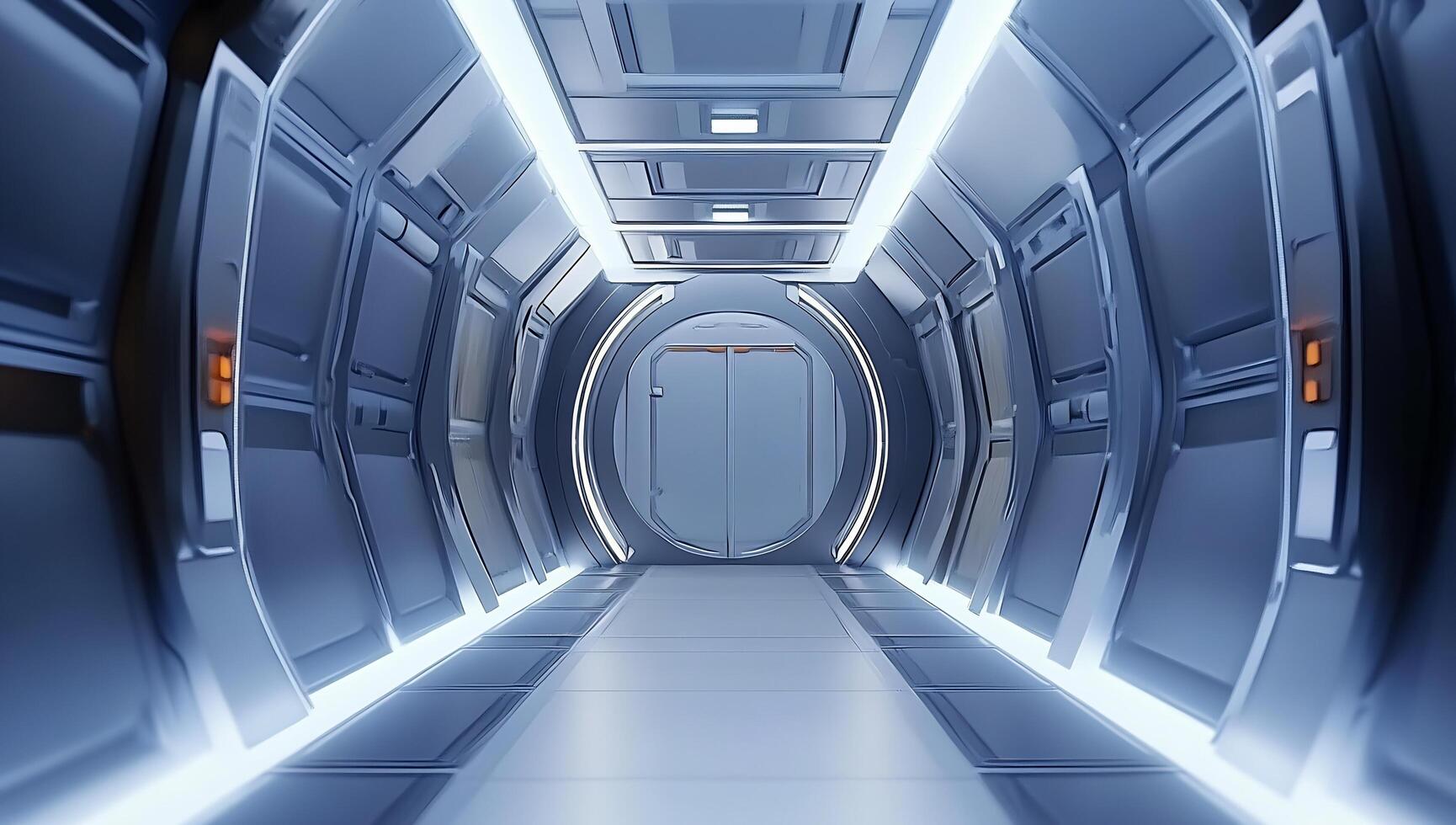 A futuristic looking tunnel with a door and lights photo