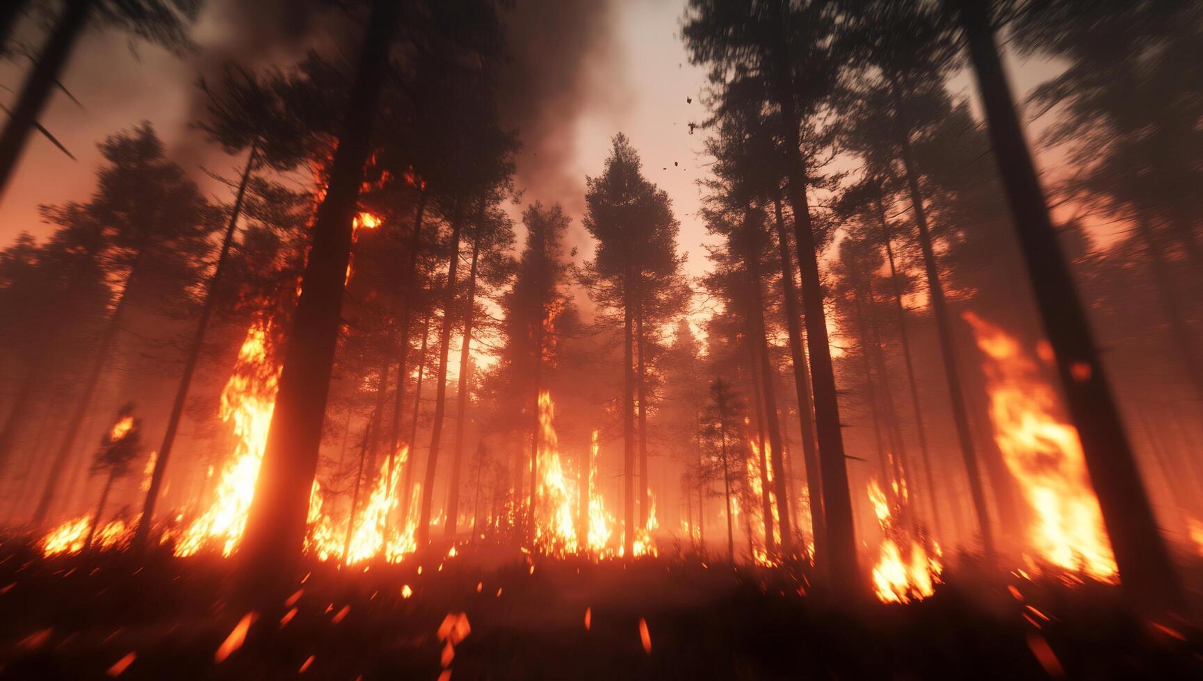 A forest fire is burning in the middle of the night photo