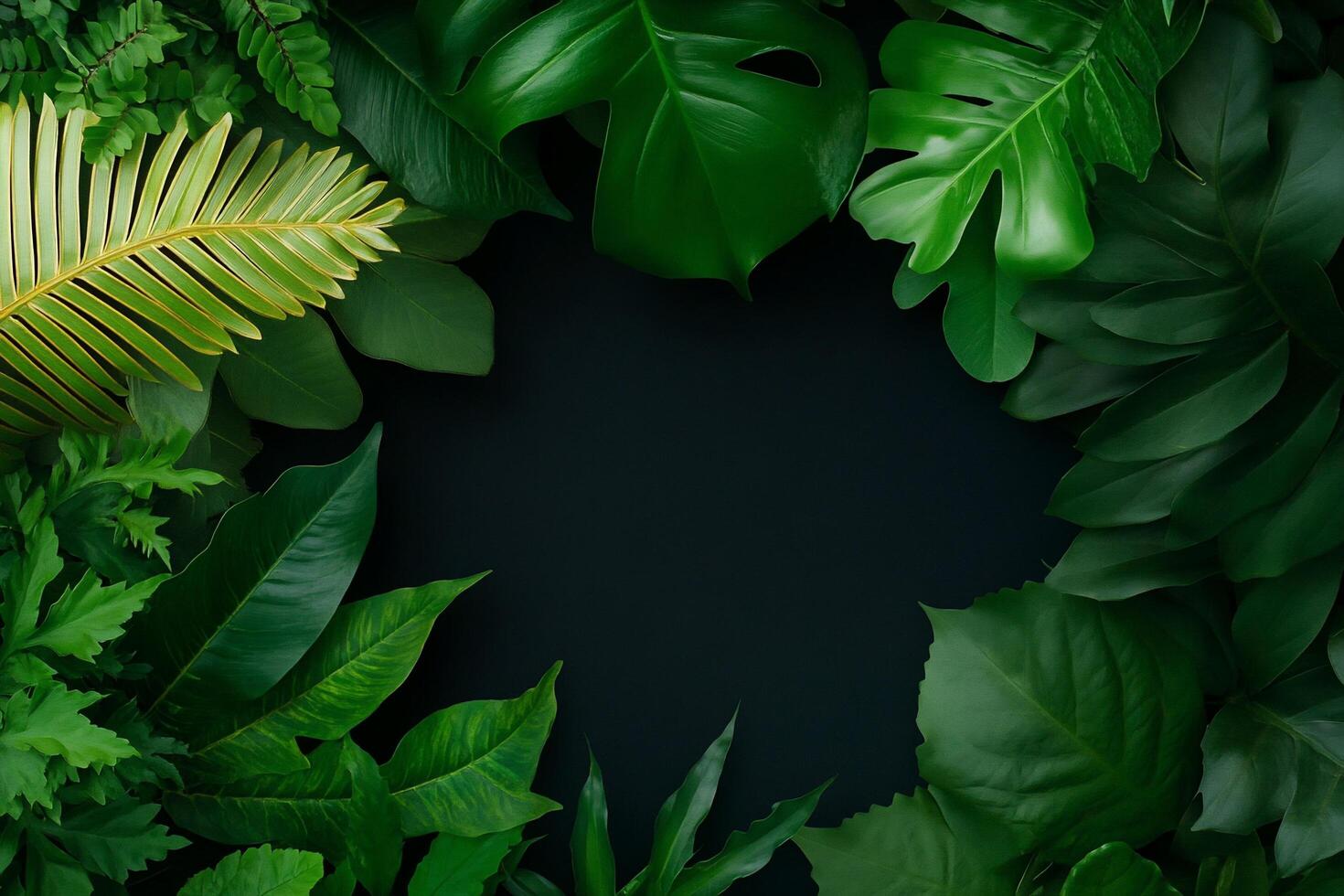Green tropical leaves on black background photo