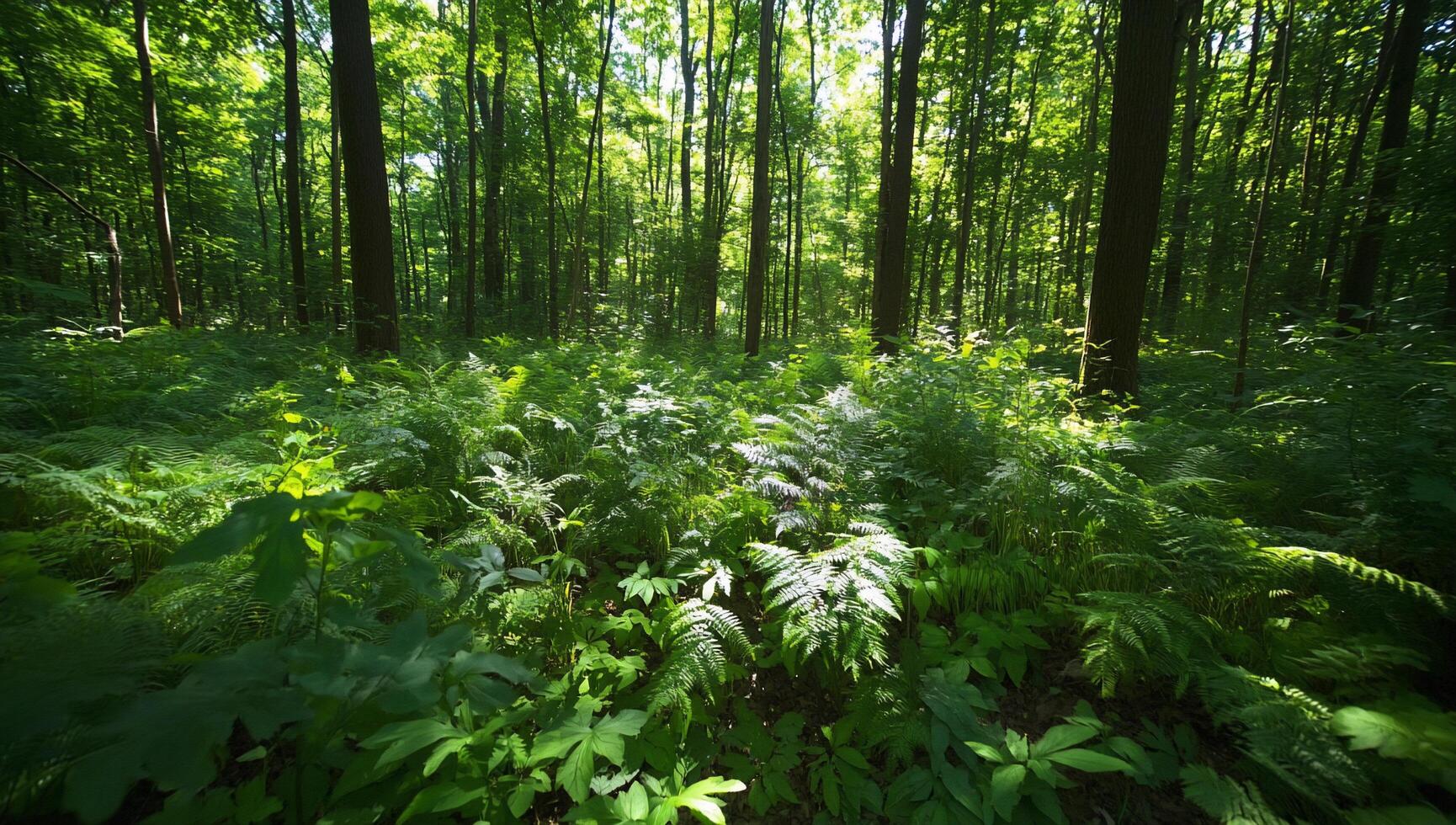 A forest with lots of green plants and trees photo