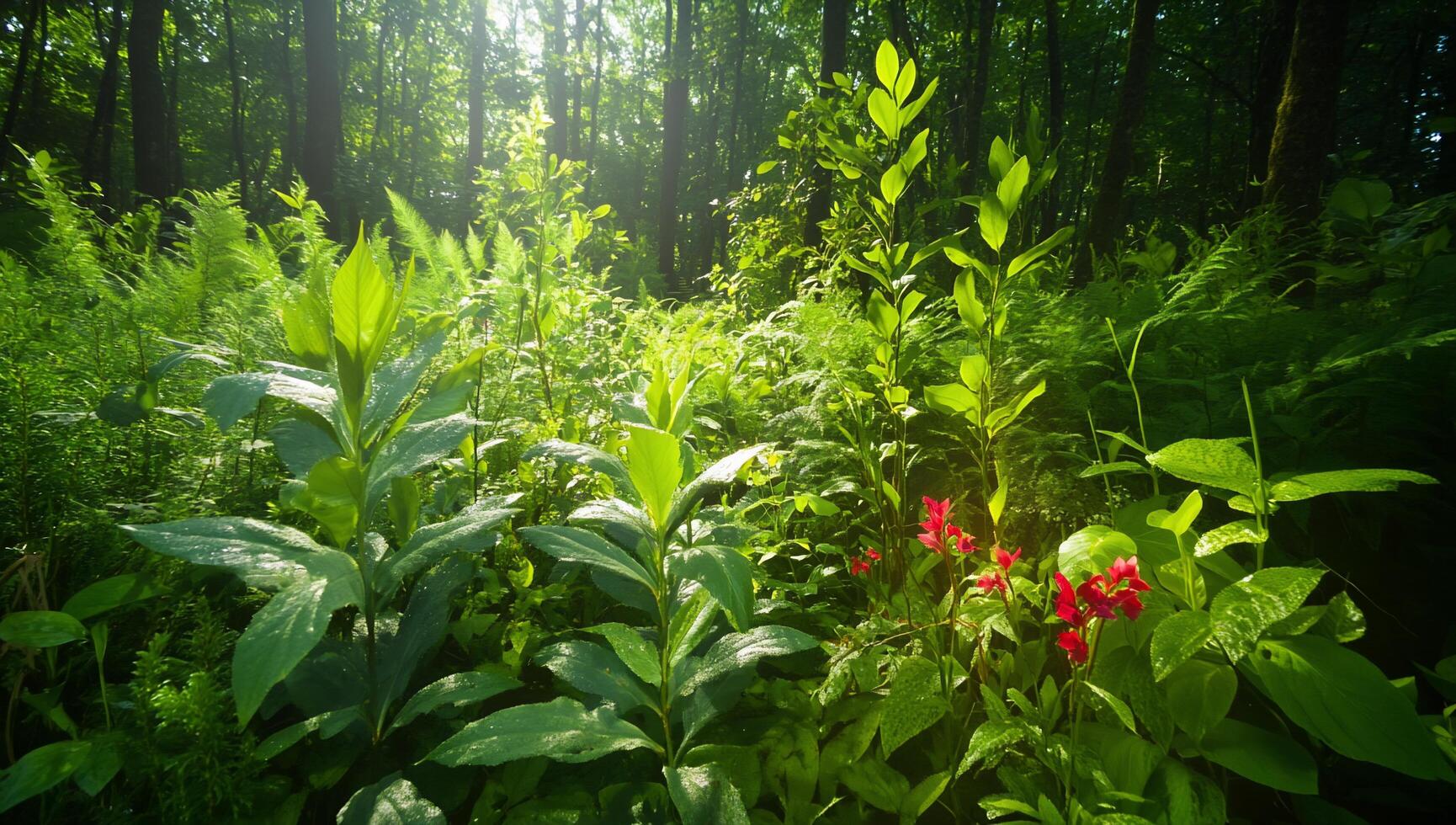 A forest with green plants and flowers photo