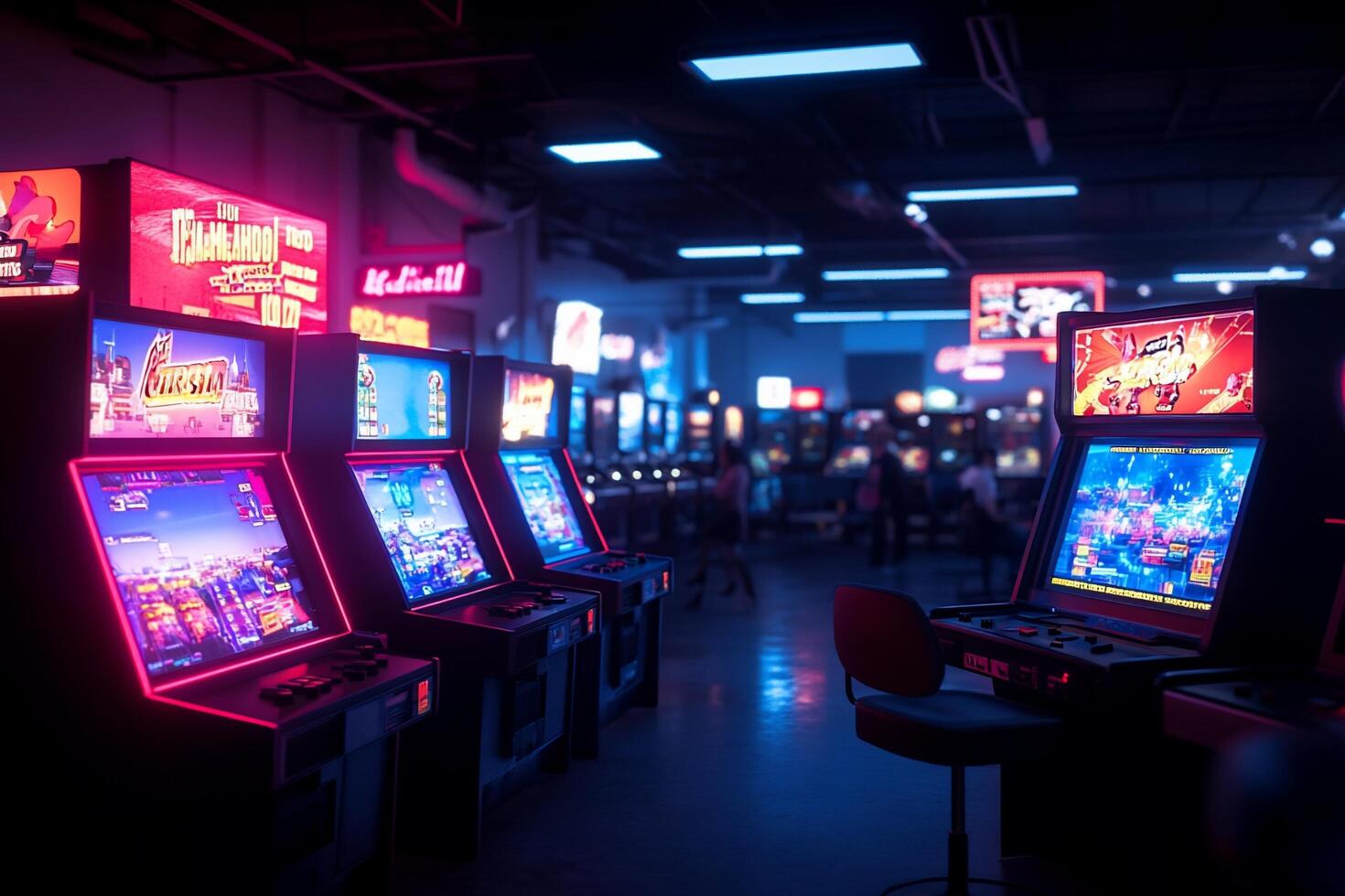 A row of arcade machines in a dark room photo