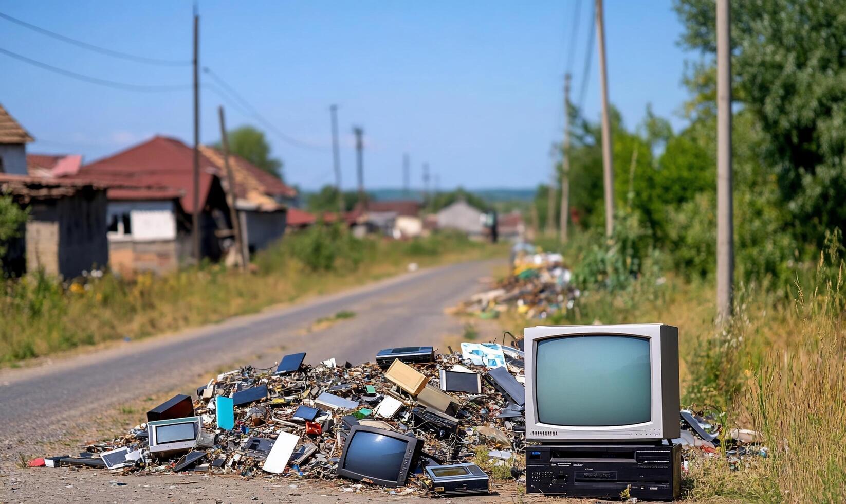 A pile of old televisions on the side of the road photo
