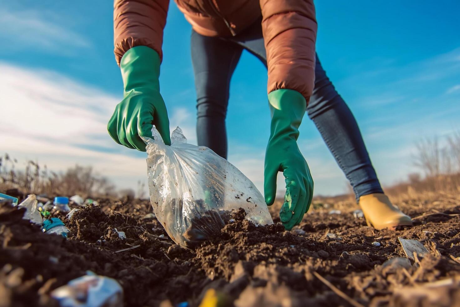 A person in gloves picking up trash from the ground photo