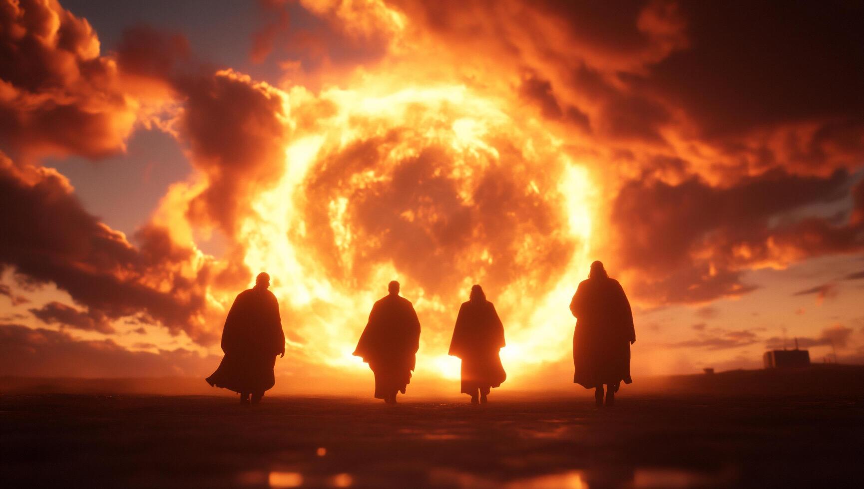 Three monks walking in front of a large fire photo
