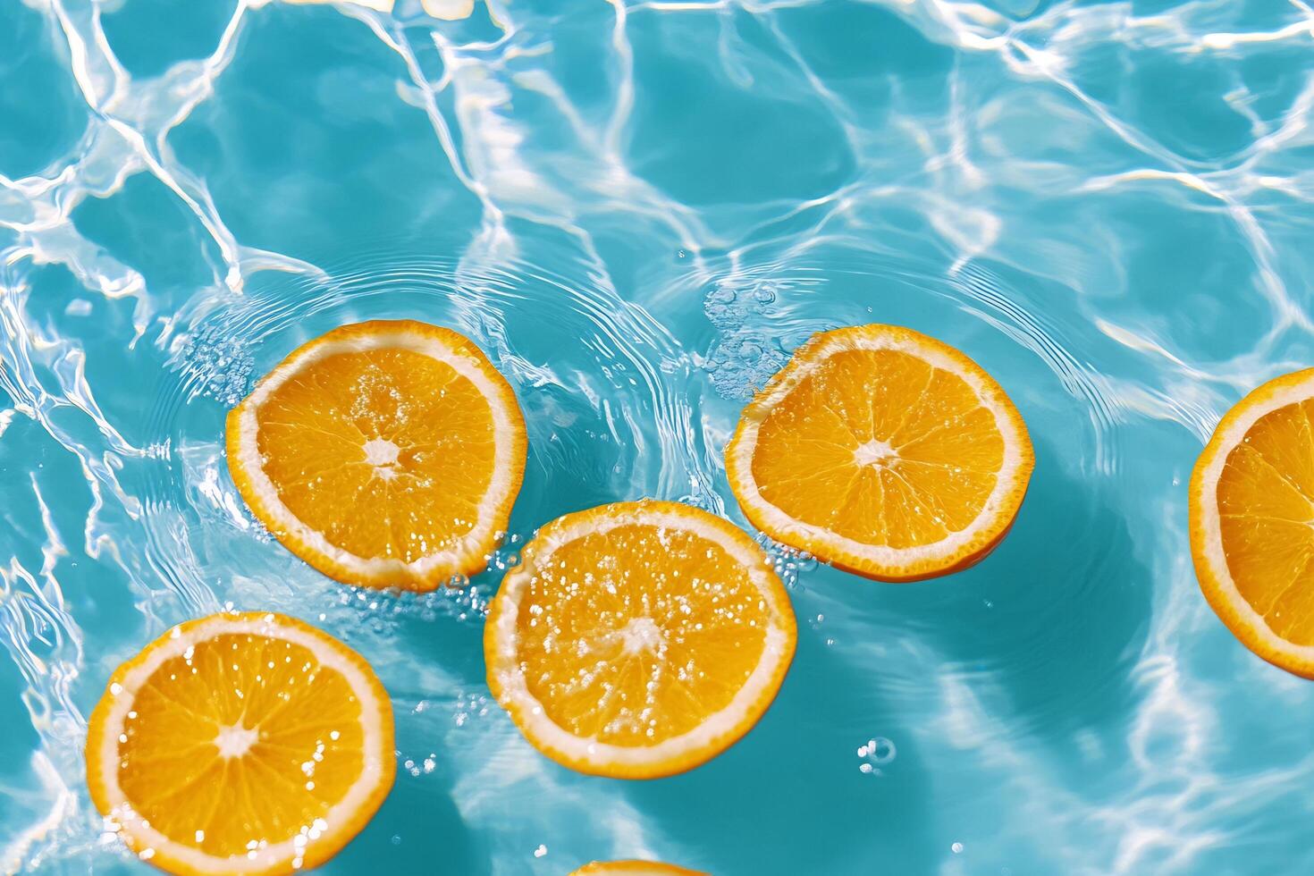 A group of oranges floating in a pool of water photo