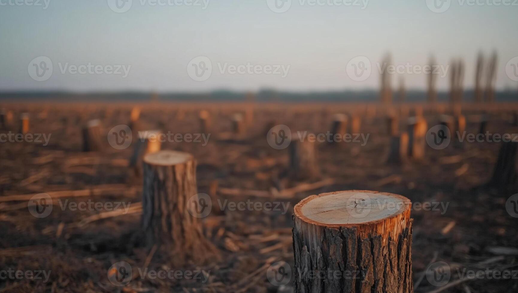 Stumps remain in a deforested area under a clear sky. photo