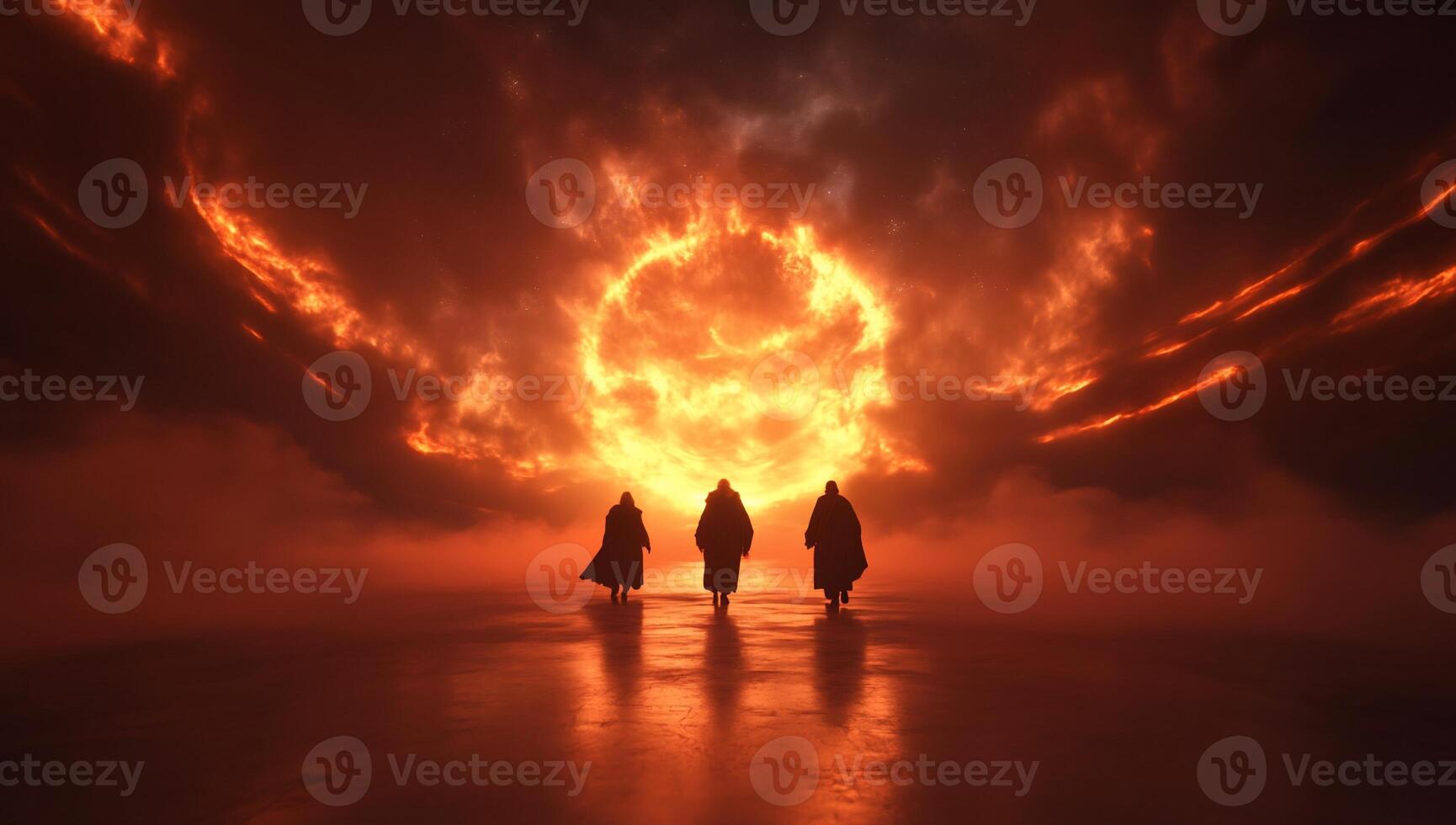 Three figures silhouetted against a fiery sunset in a dramatic landscape. photo