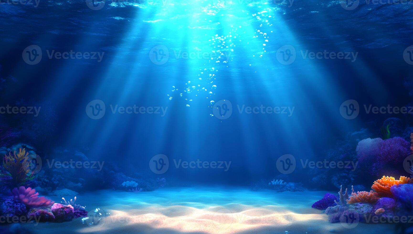Underwater scene with coral, light rays, and bubbles creating a serene atmosphere. photo