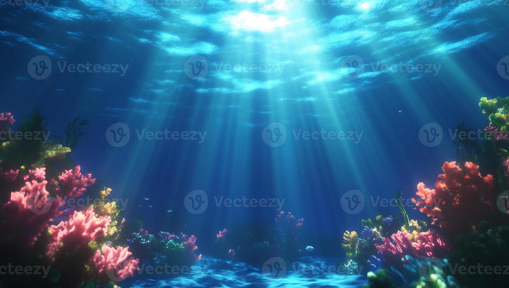 Underwater scene with vibrant coral reefs illuminated by sunlight. photo