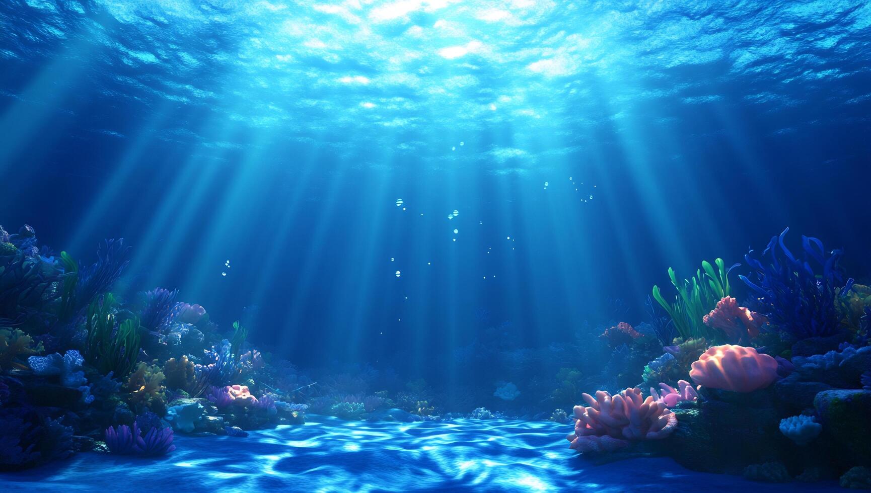 Underwater scene with coral reef and sunbeams photo