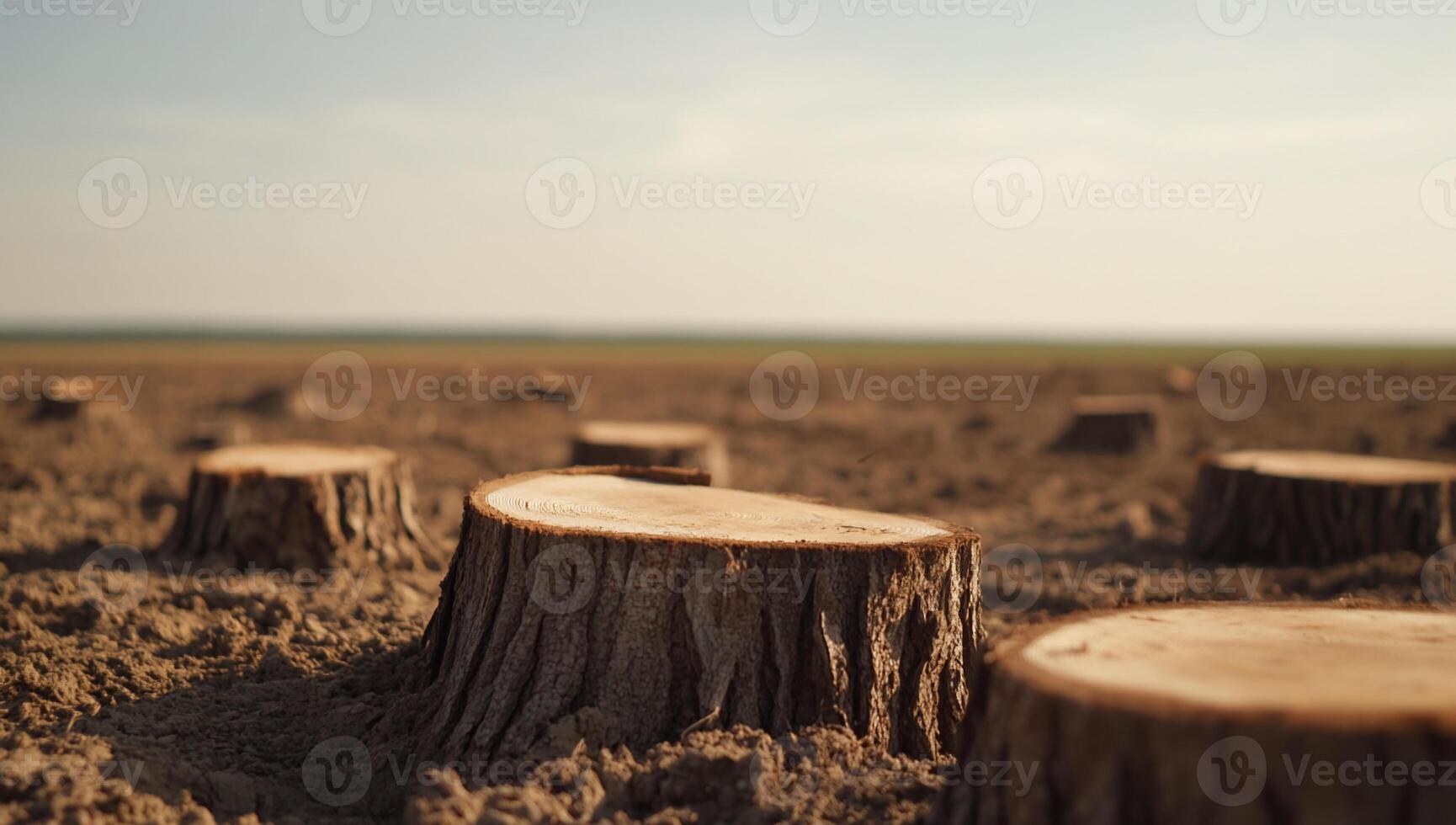 A barren landscape with tree stumps, highlighting deforestation impacts. photo