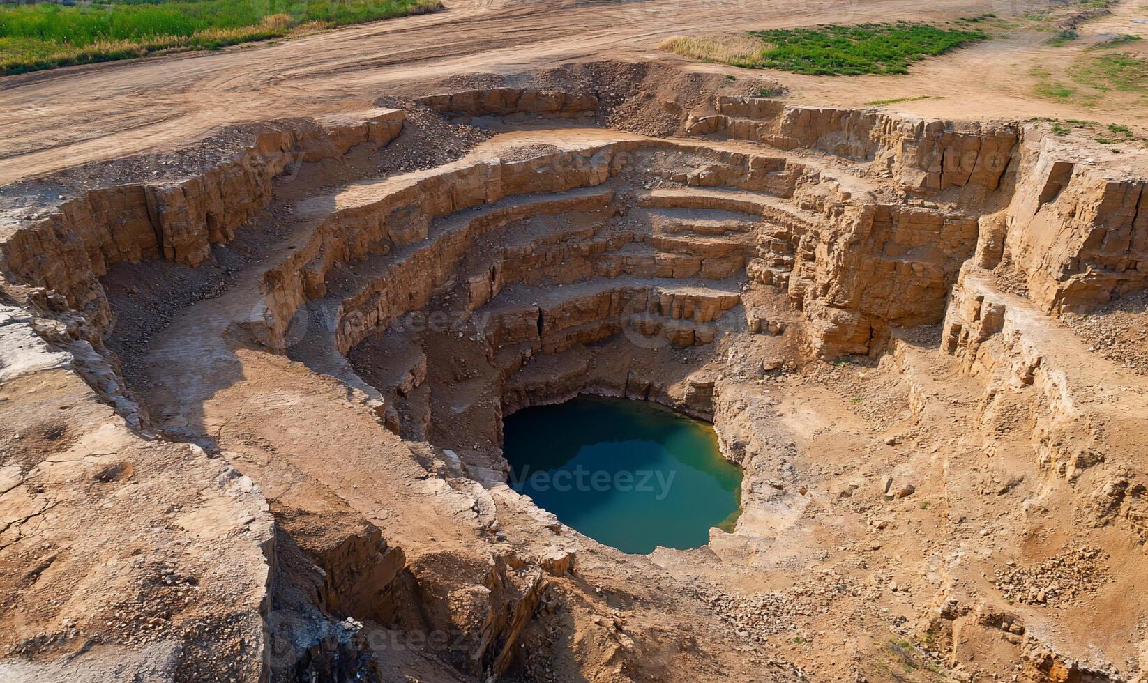 Aerial view of a large, circular excavation site with water. photo