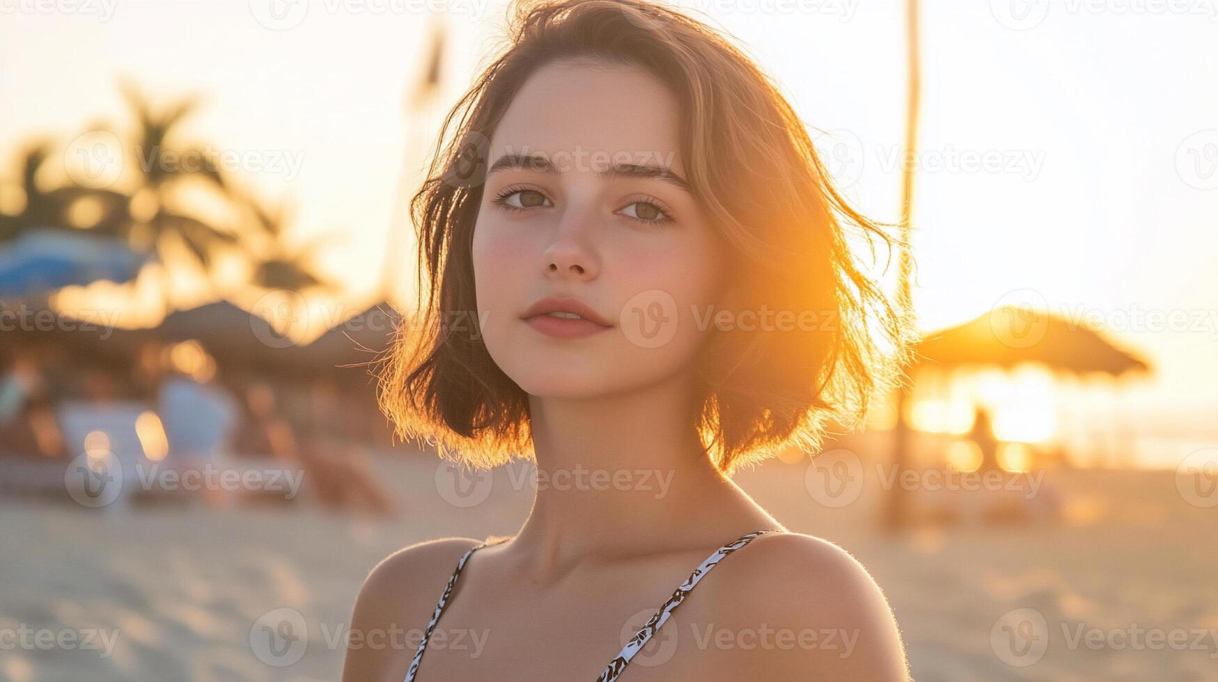 A young woman at sunset on the beach, radiating warmth and serenity. photo