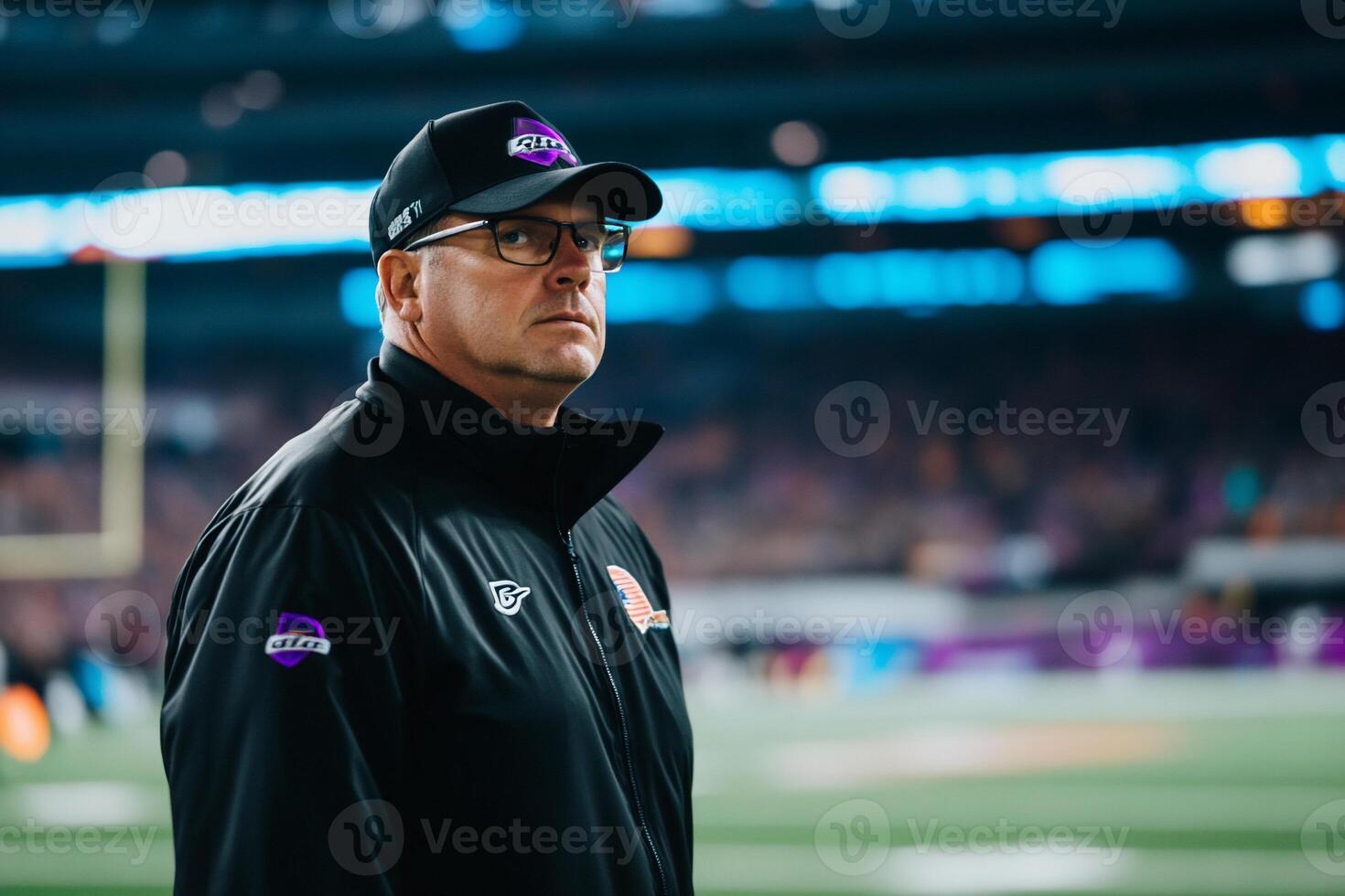 A focused individual on a sports field, likely a coach or official. photo