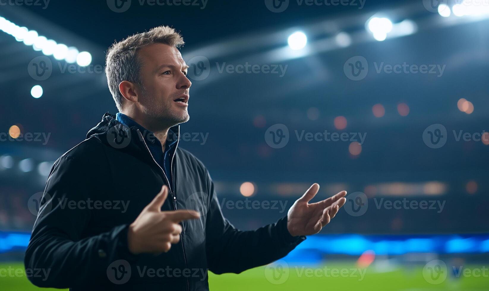 A man gestures passionately during a nighttime sports event. photo