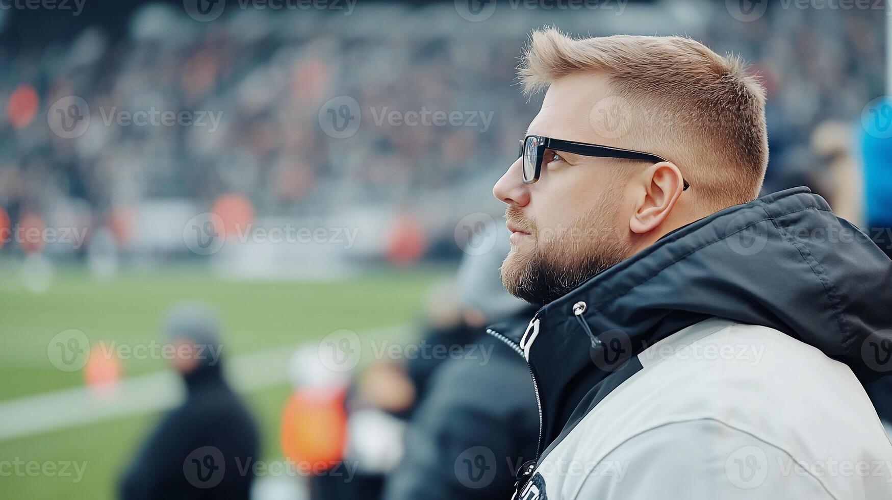 A man observing a sports event, focused on the game ahead. photo