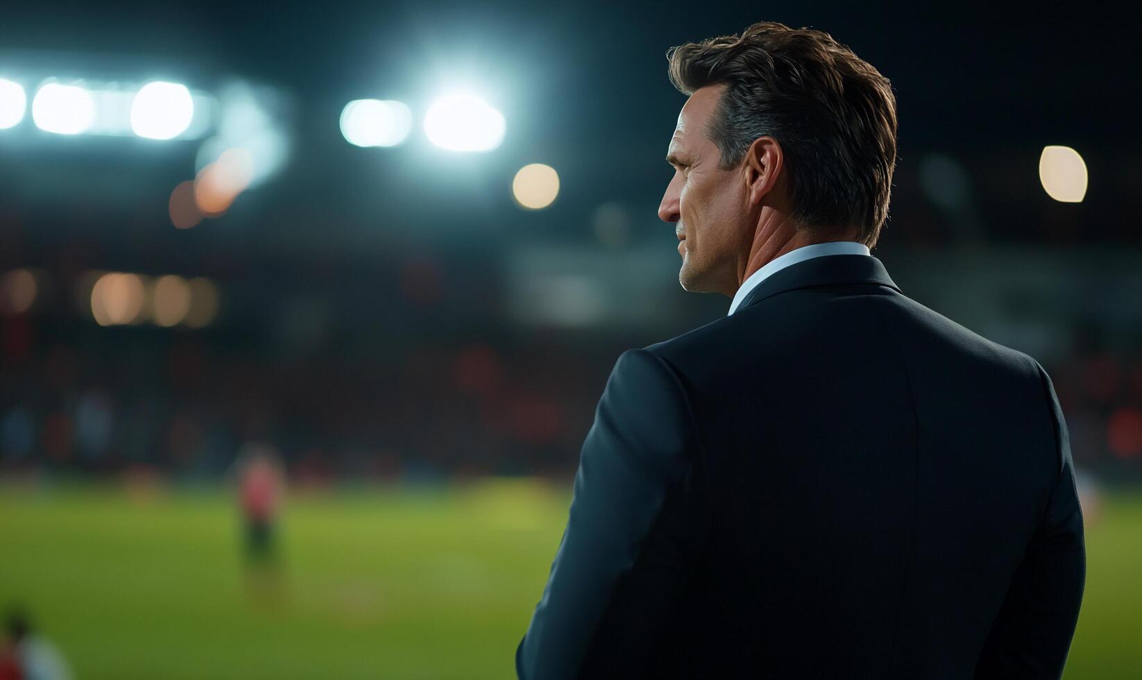 A man in a suit stands on a soccer field photo