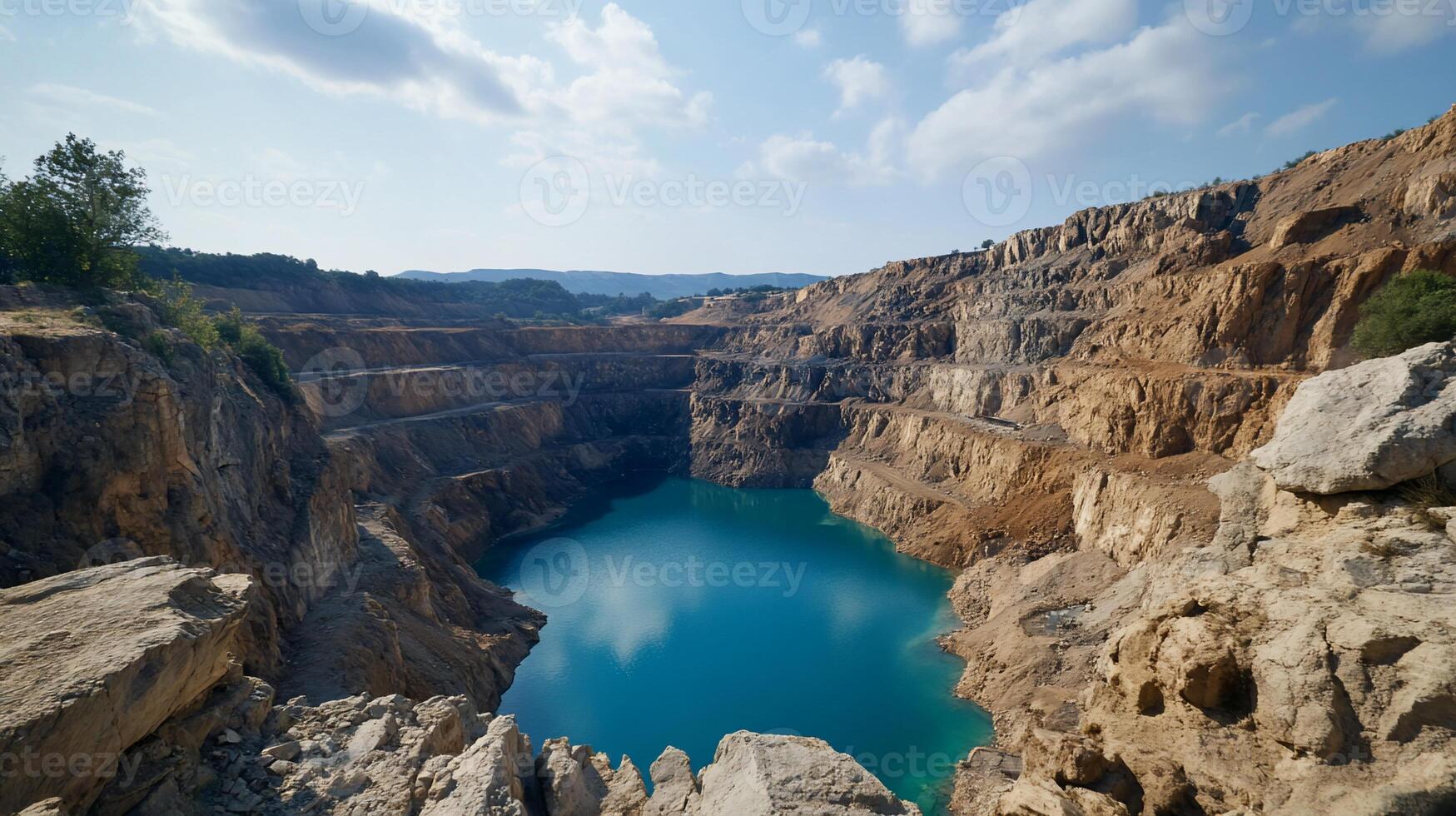 A scenic view of an abandoned quarry filled with turquoise water. photo
