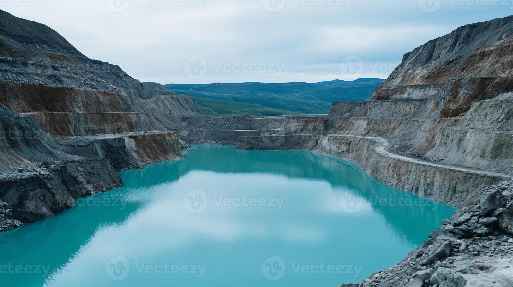 A scenic view of a mining pit filled with turquoise water. photo