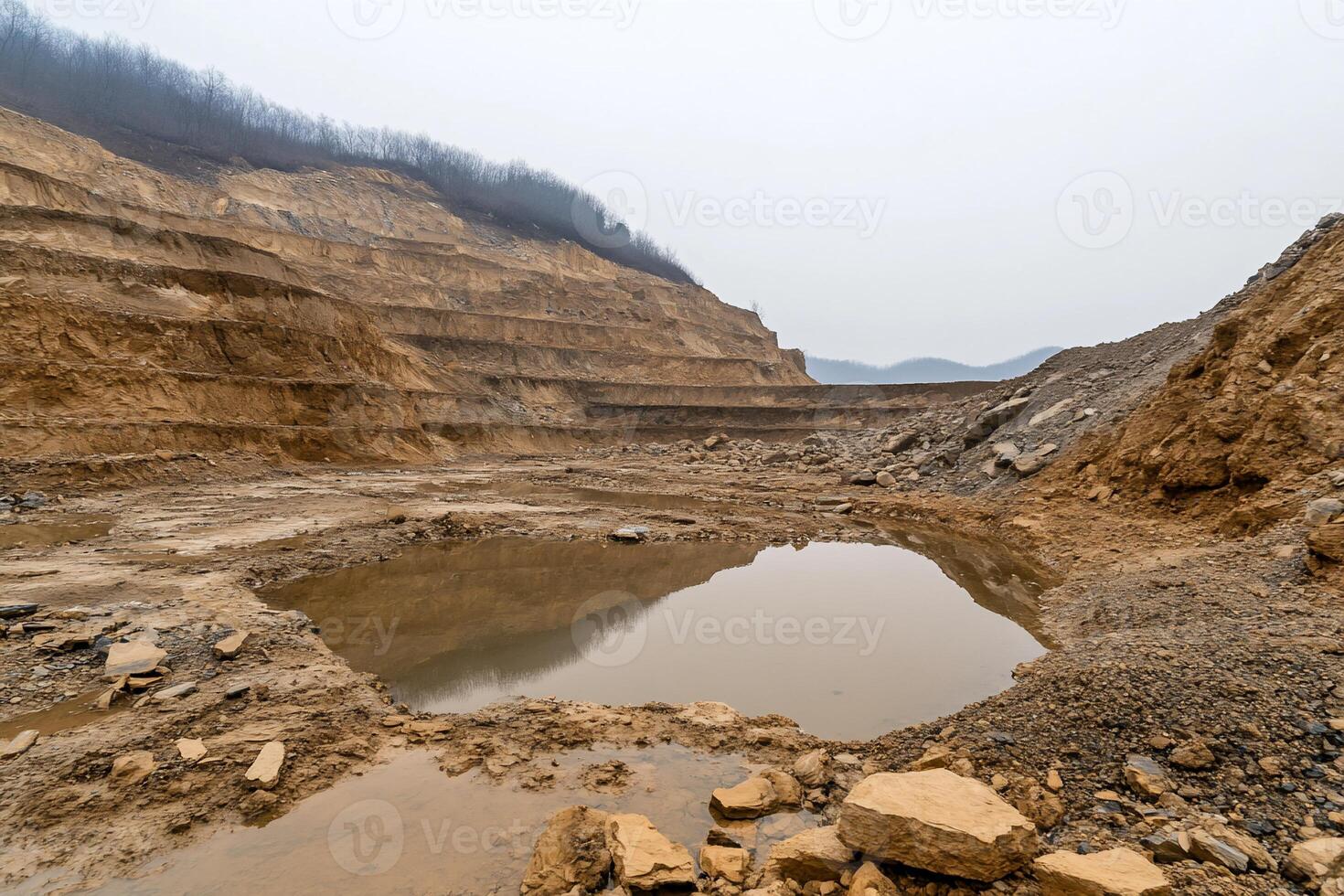 A barren mining site with exposed earth and a small water pool. photo