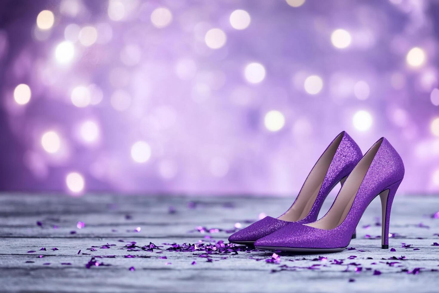 Purple high heeled shoes on a wooden table with a purple background photo