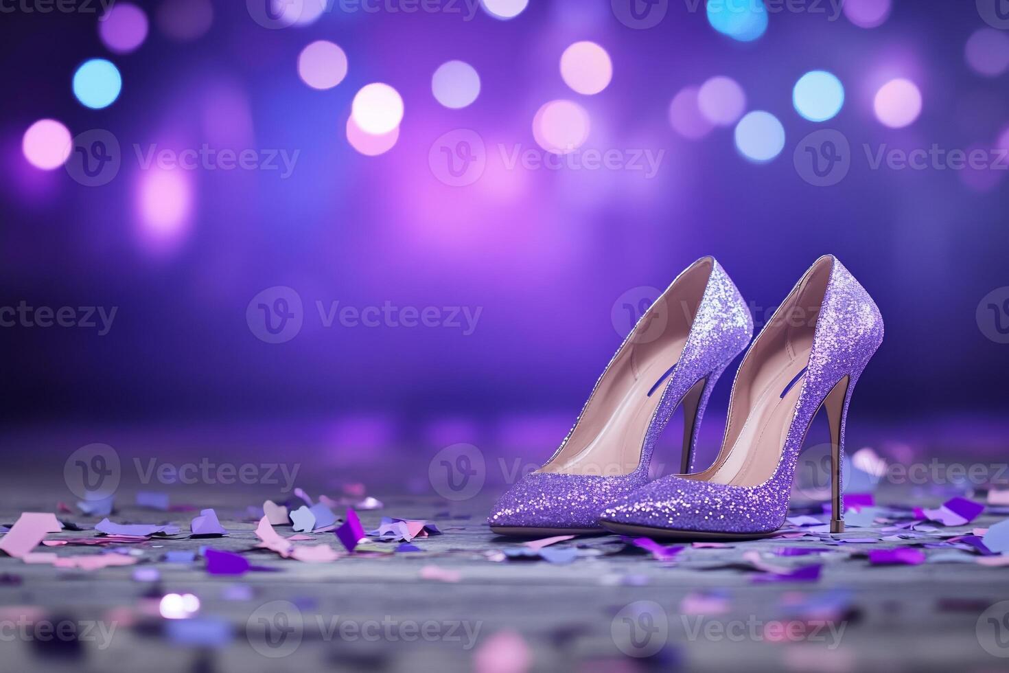 Elegant purple high heels on a festive floor with colorful confetti. photo