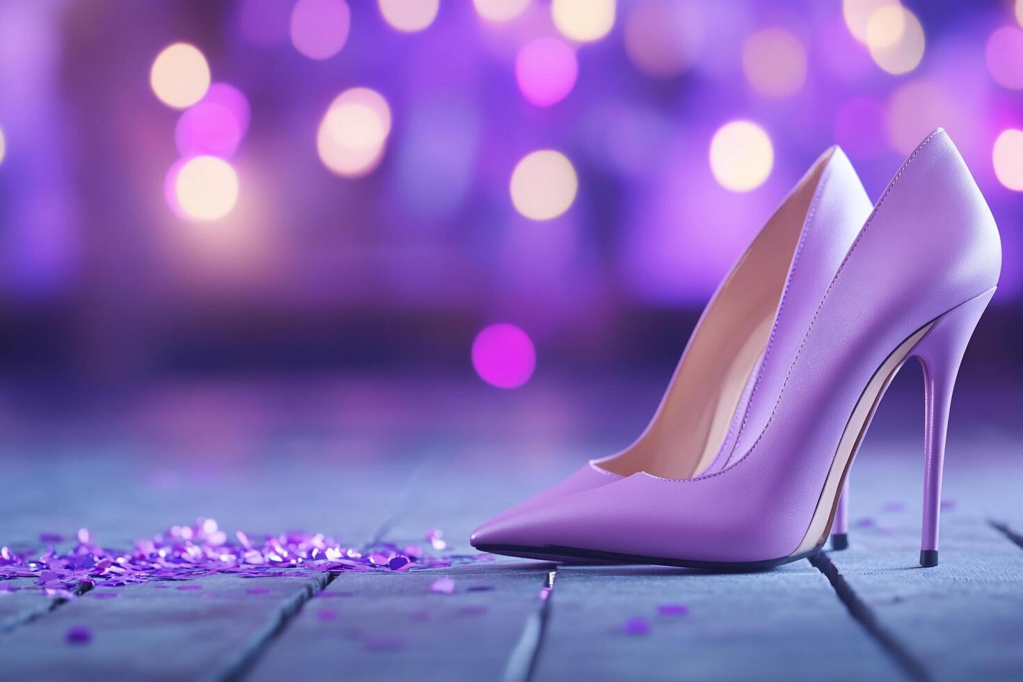 Purple high heels on a wooden floor with lights photo