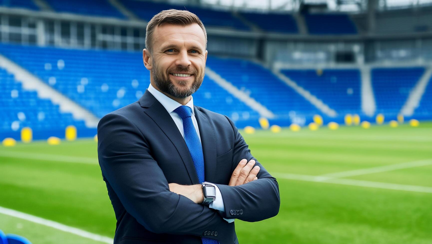A man in a suit and tie standing in front of a soccer field photo