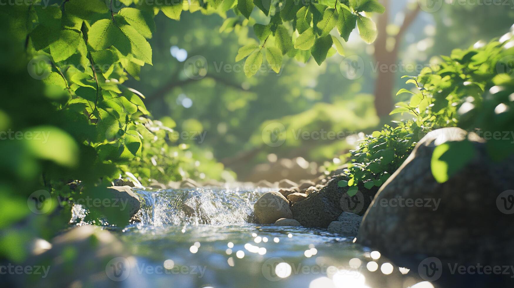 A stream running through a lush green forest photo