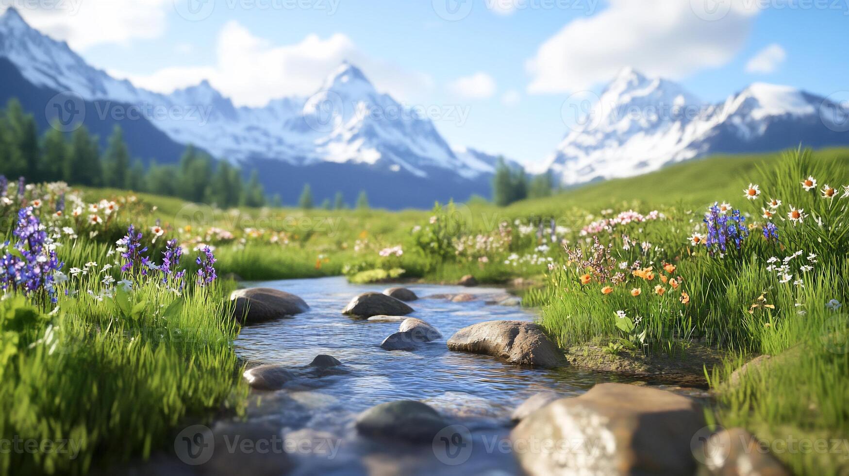Scenic mountain landscape with a stream and colorful flowers. photo