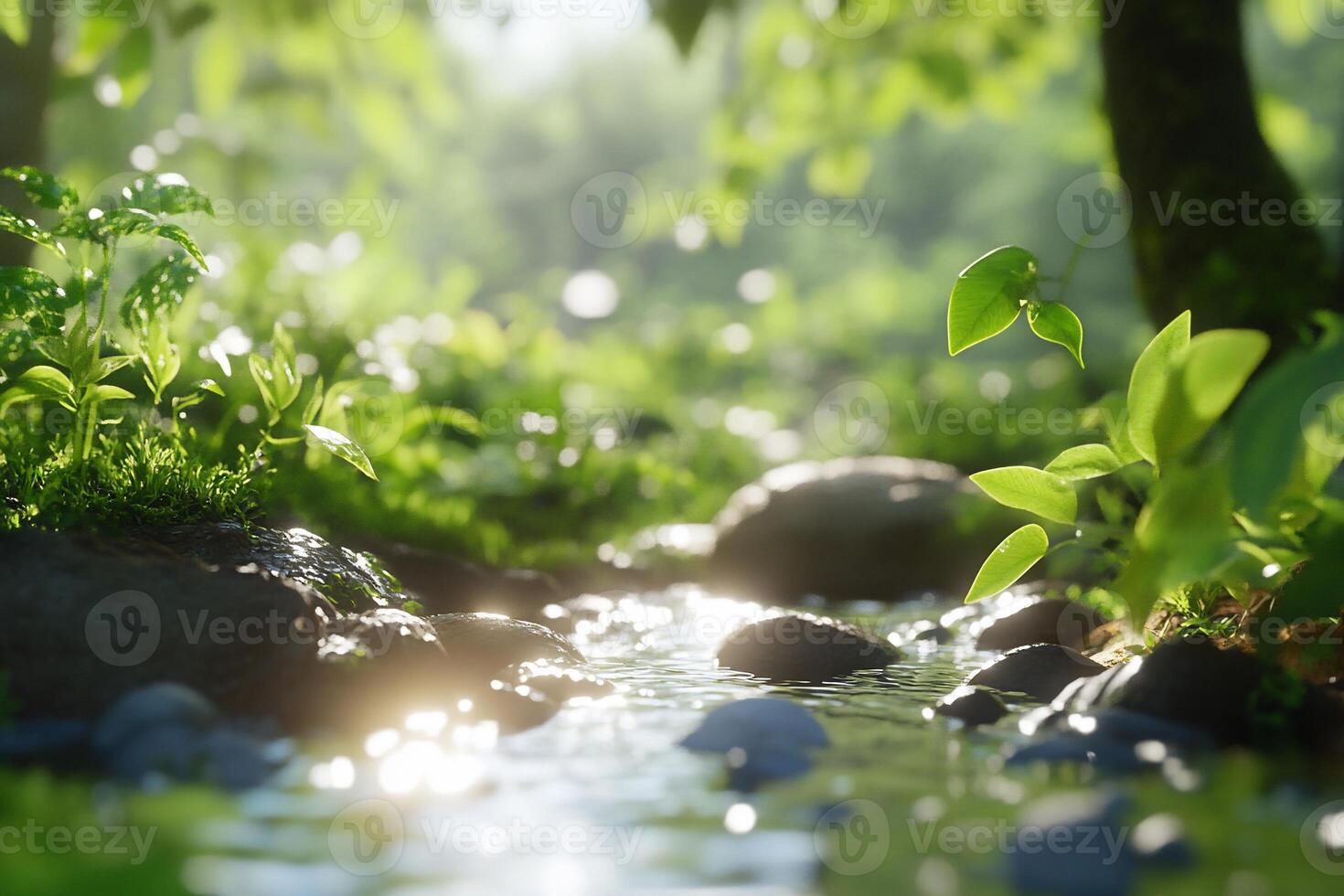 A serene stream surrounded by lush greenery and sunlight reflections. photo