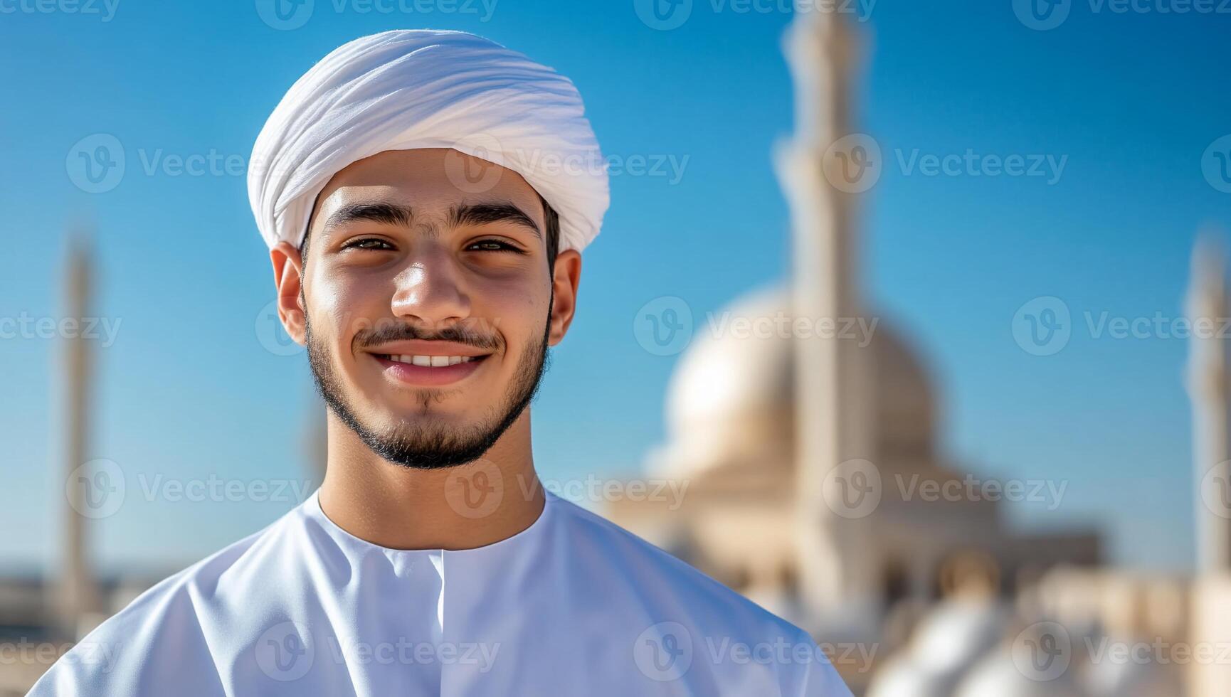 A smiling young man in traditional attire with a mosque in the background. photo