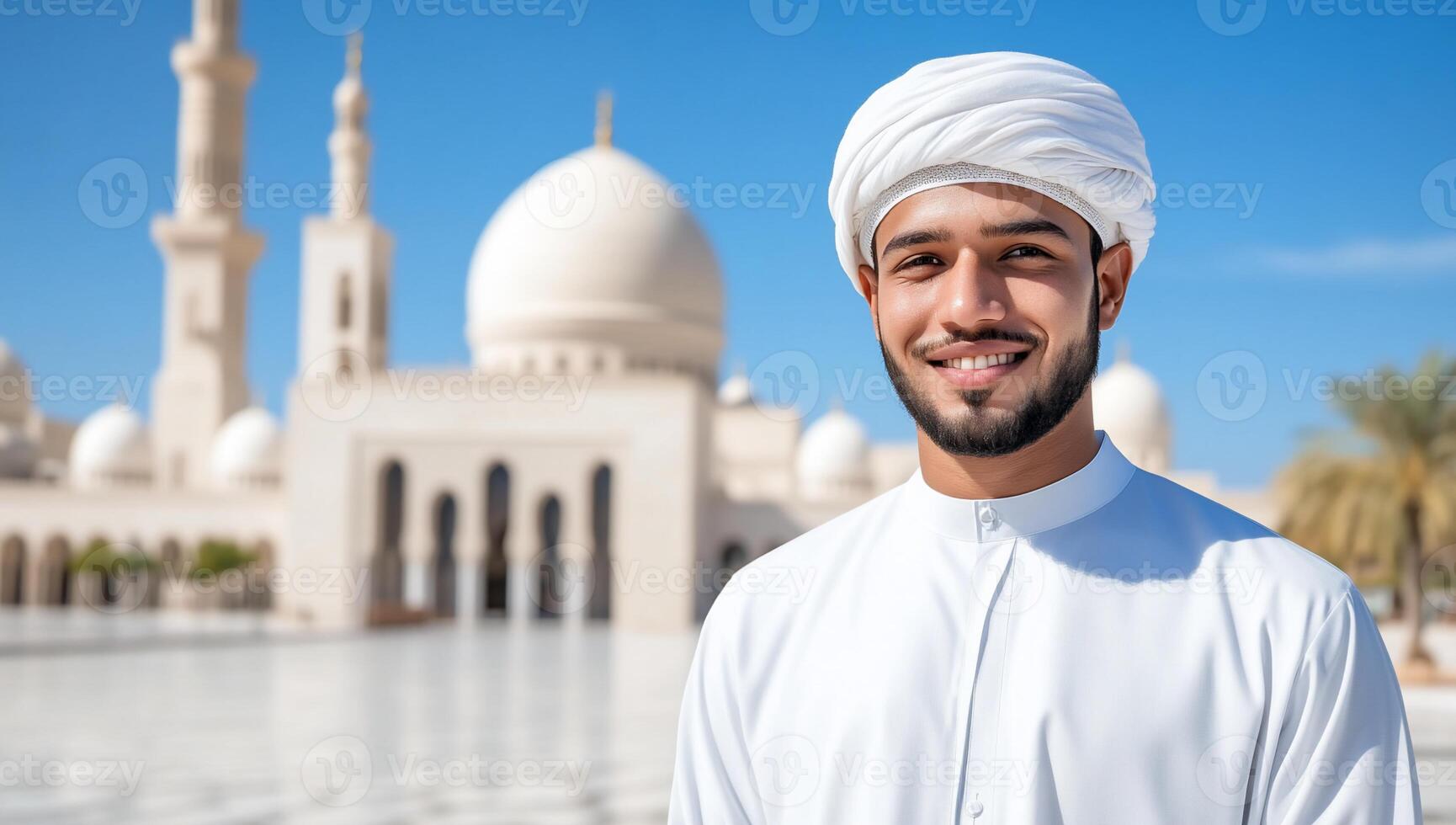 A smiling man in a white turban in front of a mosque photo
