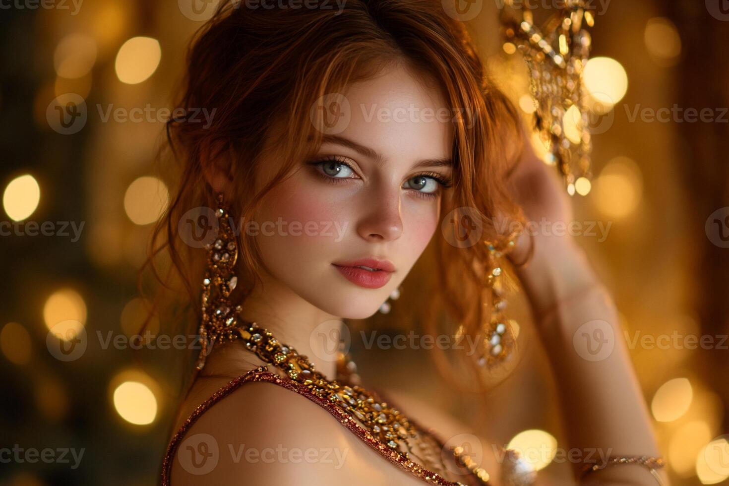 Beautiful redhead woman in gold dress posing in front of christmas lights photo