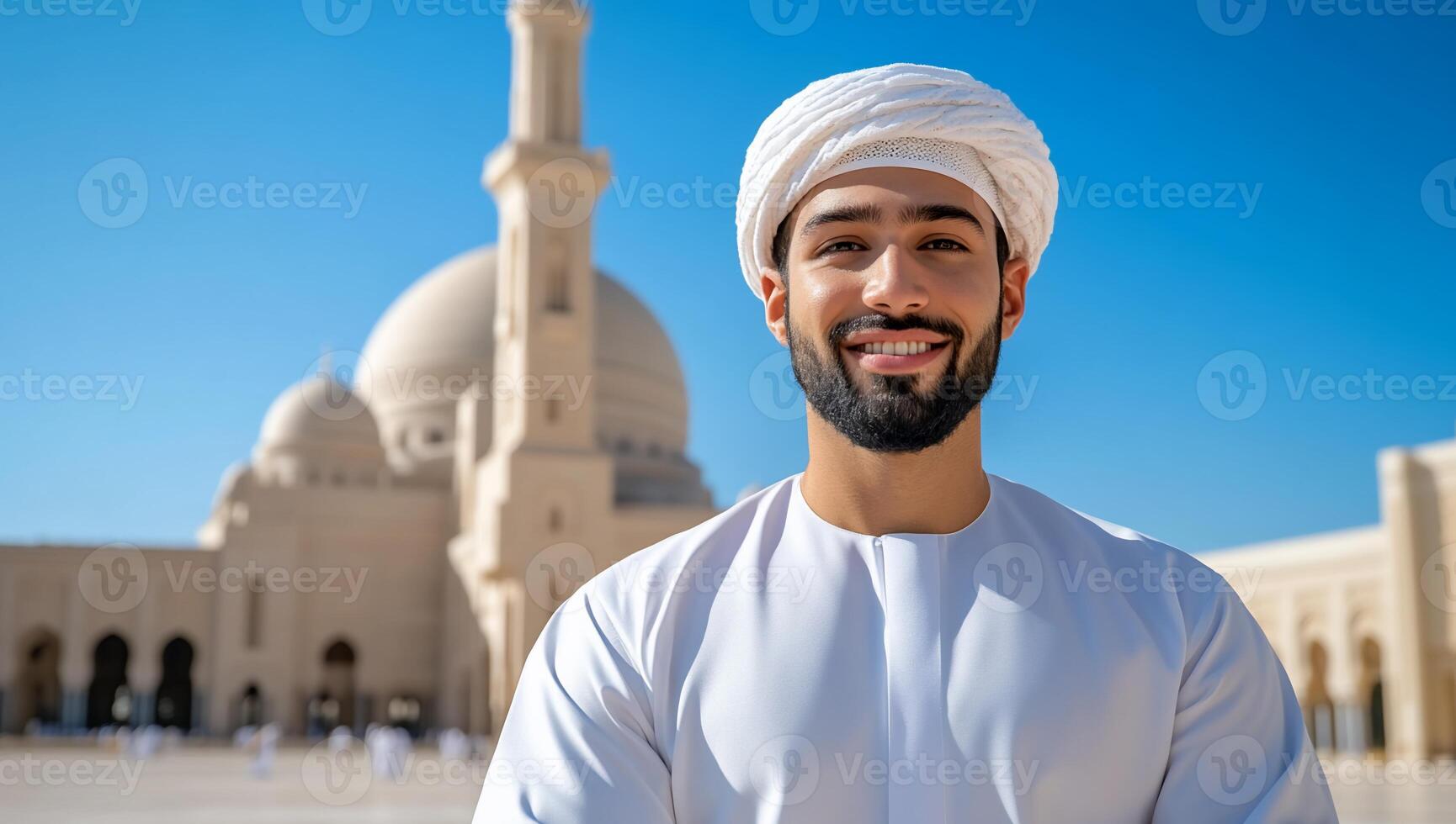 A smiling man in a white turban in front of a mosque photo