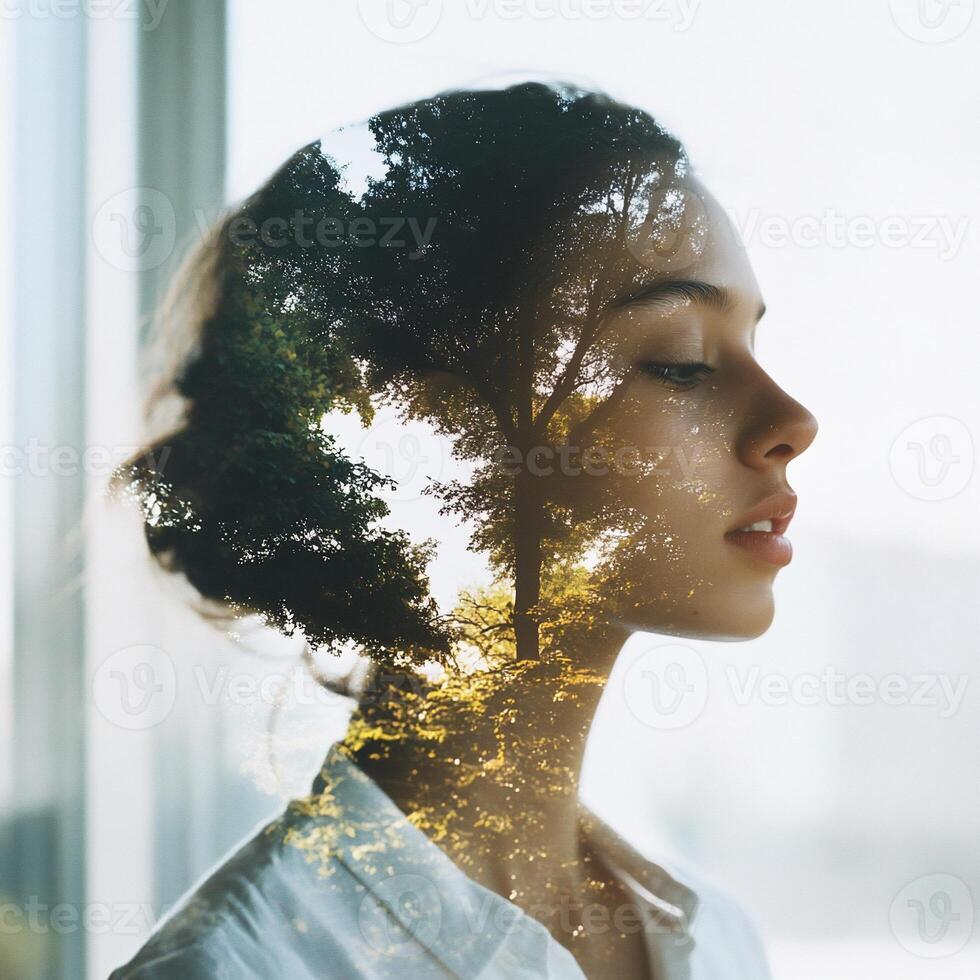 A serene double exposure of a woman's profile with nature elements. photo