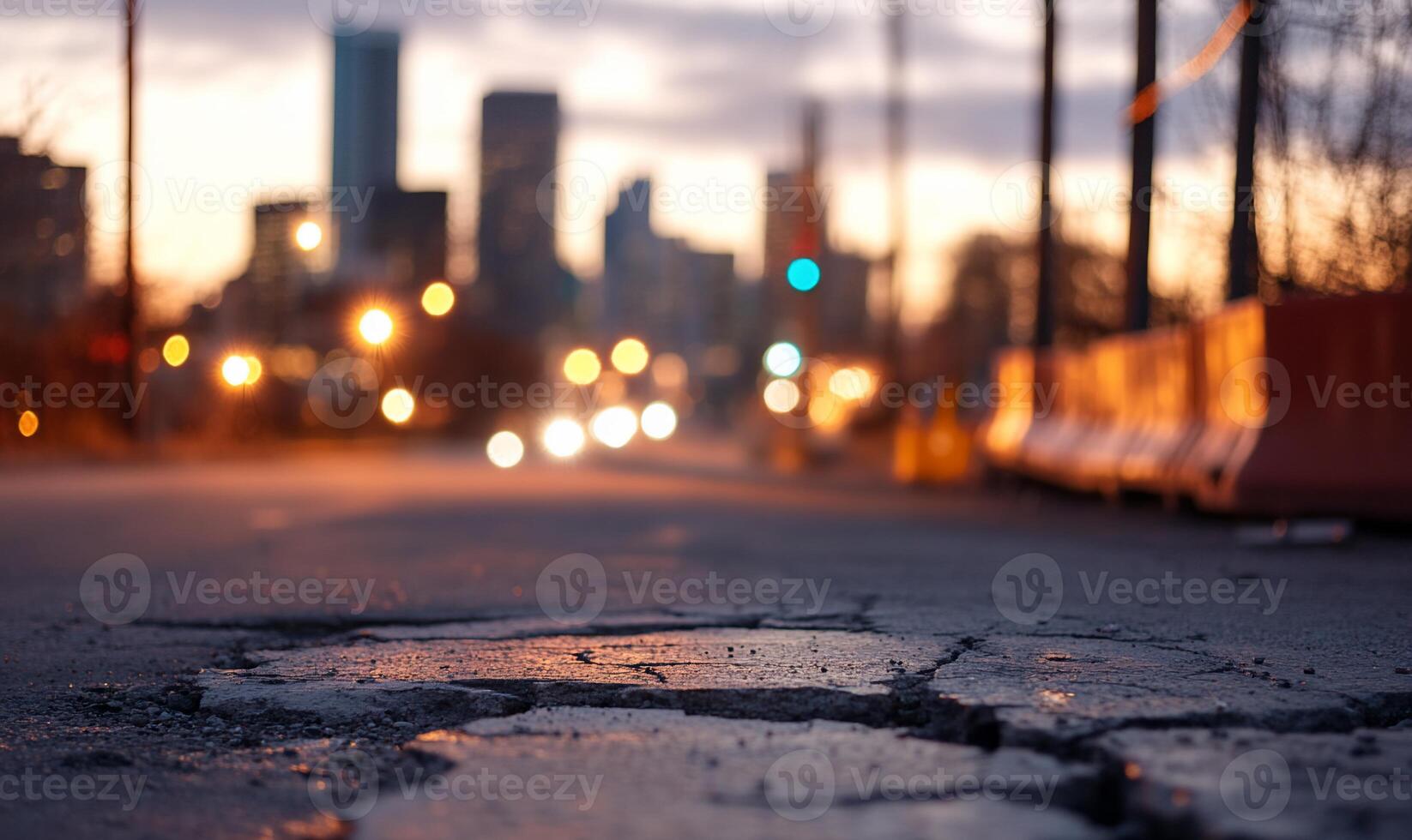 A cracked road with a city skyline in the background at sunset. photo