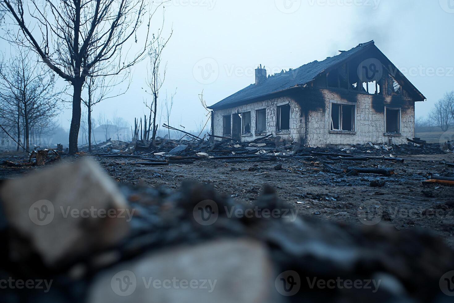 A charred house amidst a desolate landscape after a fire. photo