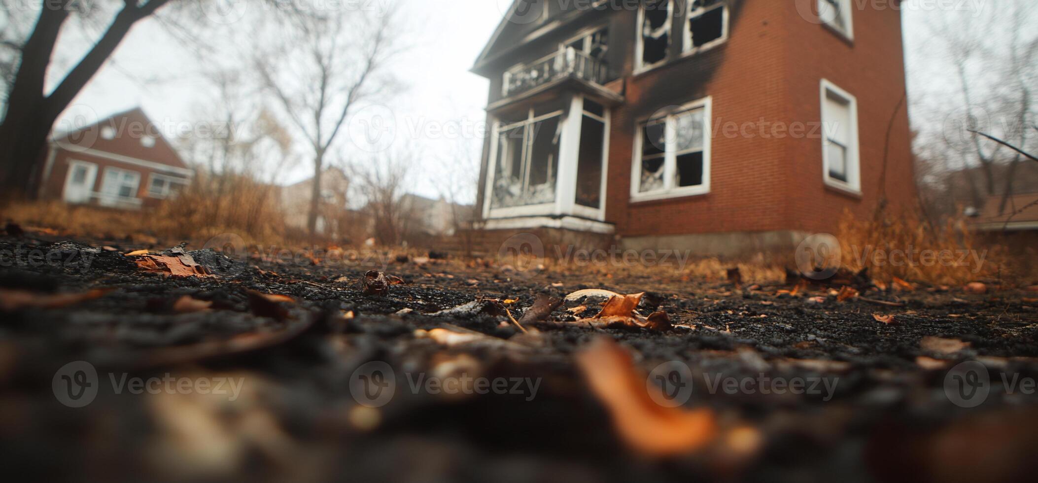A burned house stands in a desolate, overgrown area. photo