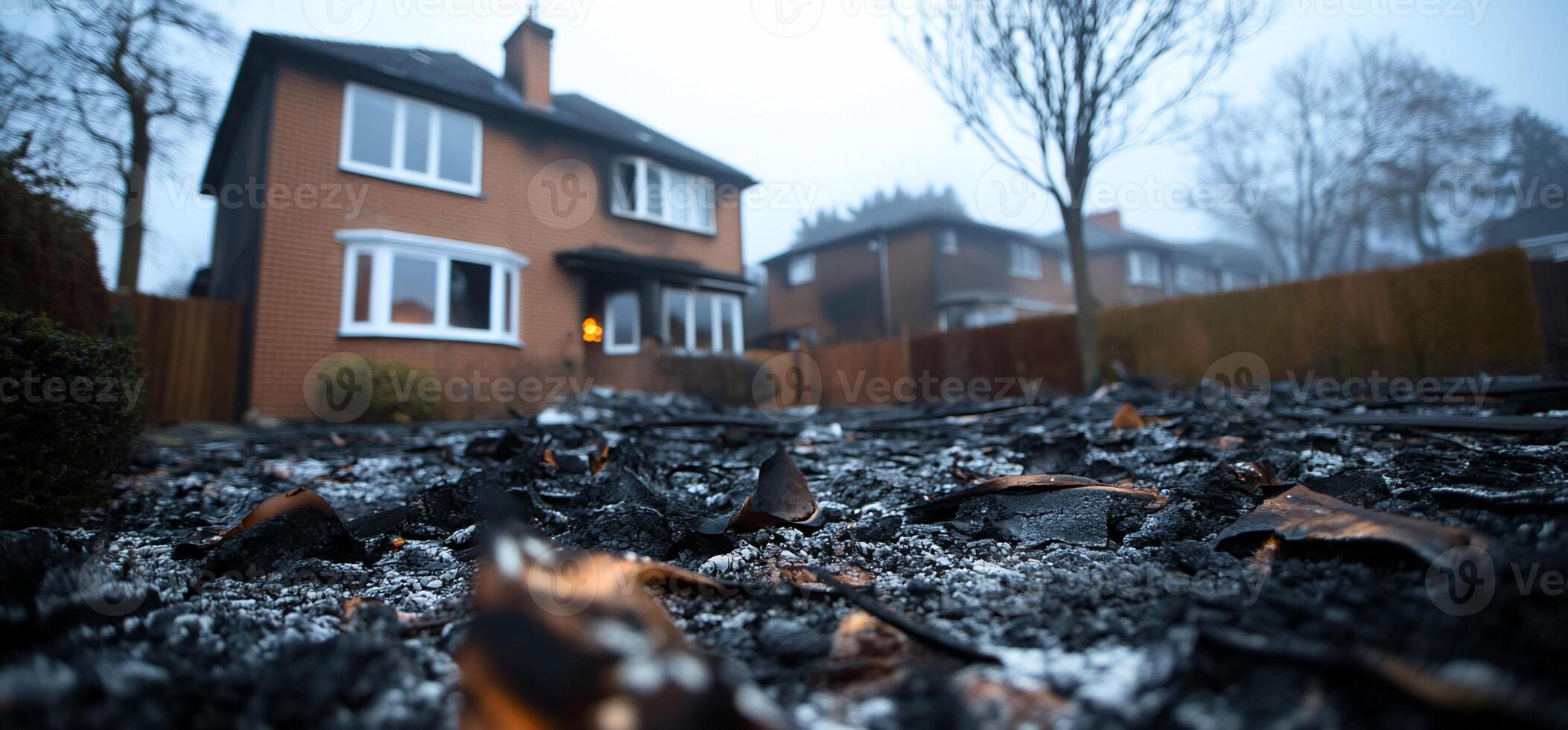 A burned landscape near a house, showing the aftermath of a fire. photo