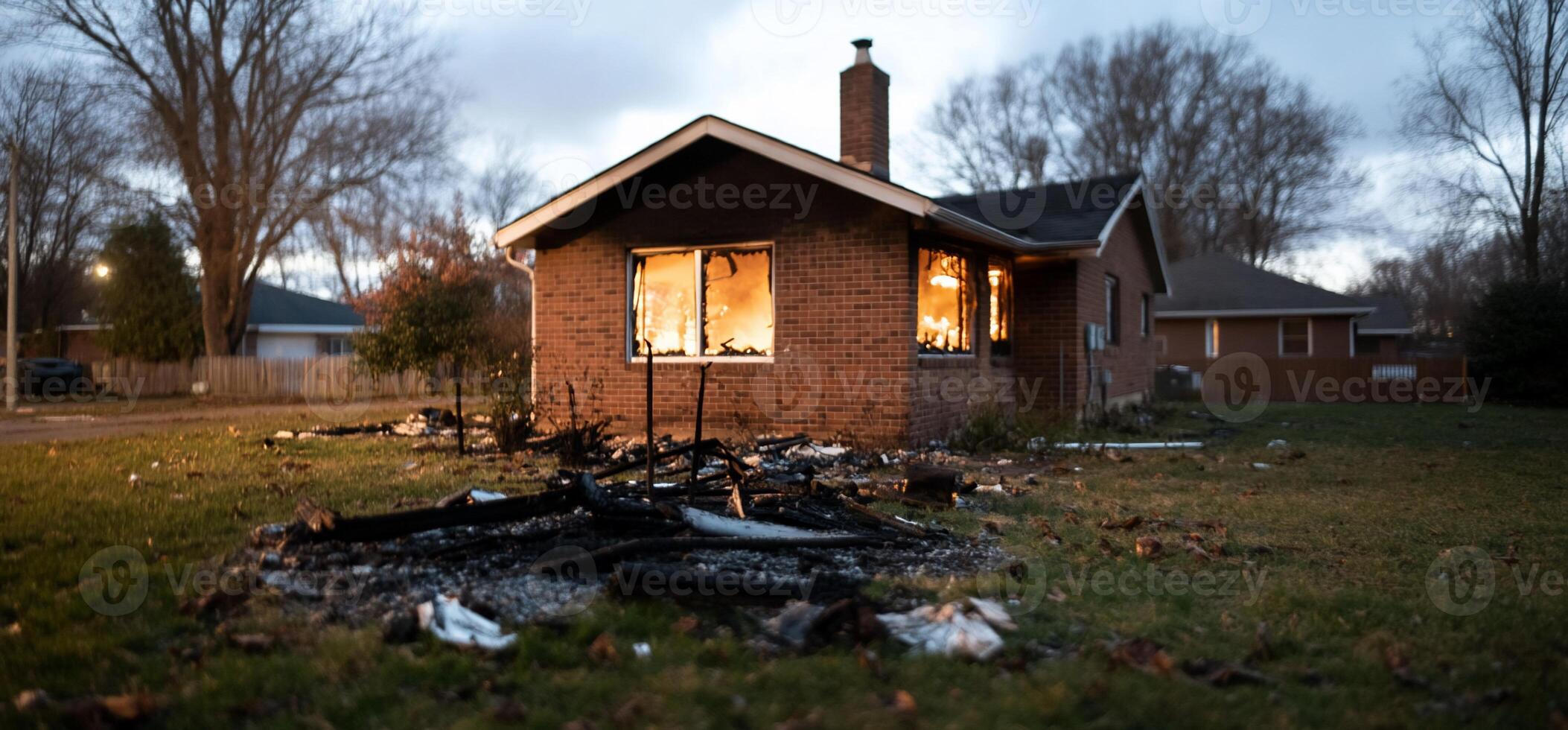A burned house with charred debris in a suburban setting at dusk. photo