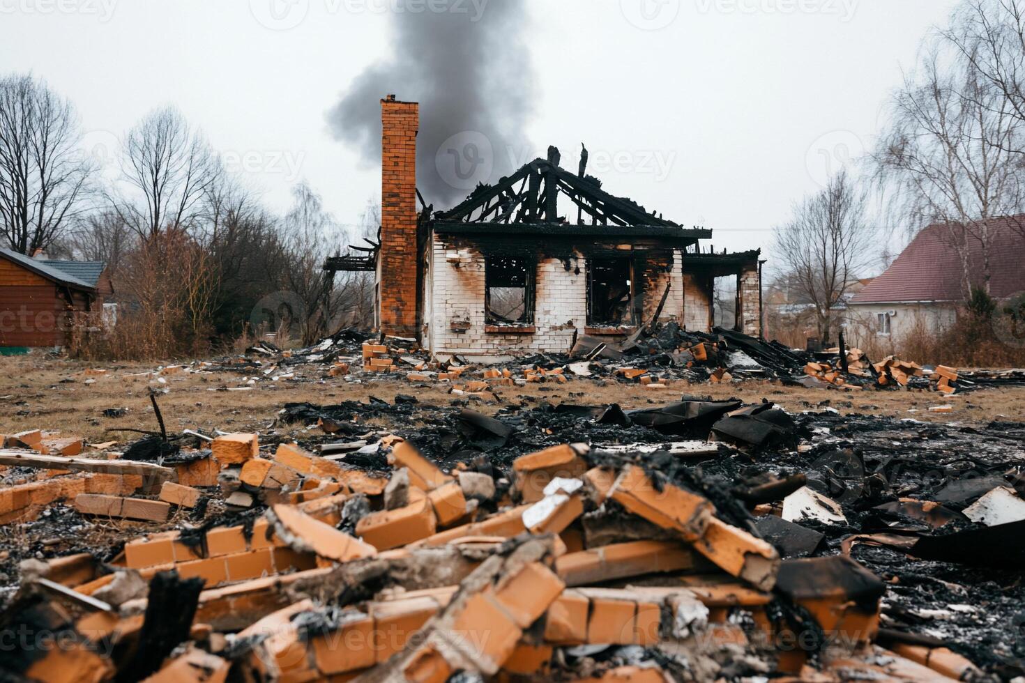 A burned-out house amidst rubble and smoke in a desolate landscape. photo